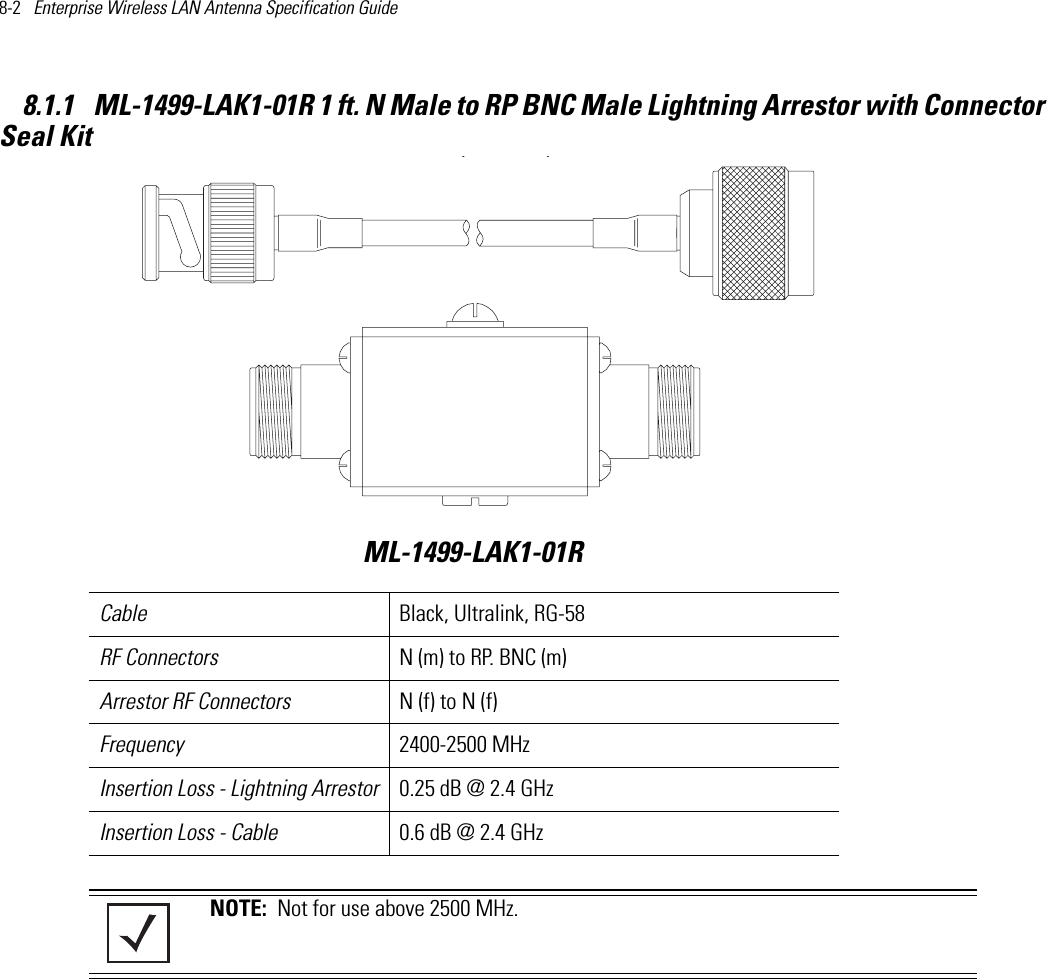 8-2   Enterprise Wireless LAN Antenna Specification Guide 8.1.1  ML-1499-LAK1-01R 1 ft. N Male to RP BNC Male Lightning Arrestor with Connector Seal Kit   Cable Black, Ultralink, RG-58RF Connectors N (m) to RP. BNC (m)Arrestor RF Connectors N (f) to N (f)Frequency 2400-2500 MHz Insertion Loss - Lightning Arrestor 0.25 dB @ 2.4 GHz Insertion Loss - Cable 0.6 dB @ 2.4 GHzNOTE:  Not for use above 2500 MHz.ML-1499-LAK1-01R()