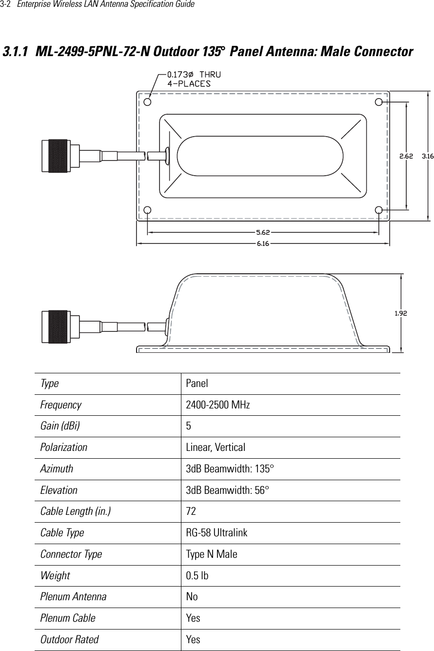 3-2   Enterprise Wireless LAN Antenna Specification Guide 3.1.1 ML-2499-5PNL-72-N Outdoor 135° Panel Antenna: Male Connector Type PanelFrequency 2400-2500 MHzGain (dBi) 5Polarization Linear, VerticalAzimuth 3dB Beamwidth: 135°Elevation 3dB Beamwidth: 56°Cable Length (in.) 72Cable Type RG-58 Ultralink Connector Type Type N MaleWeight 0.5 lbPlenum Antenna NoPlenum Cable YesOutdoor Rated Yes      