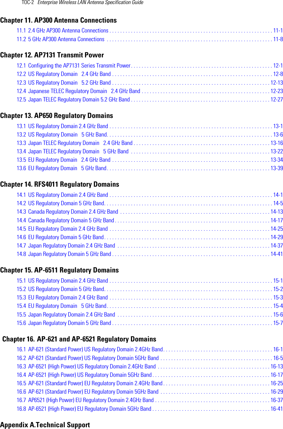 TOC-2   Enterprise Wireless LAN Antenna Specification GuideChapter 11. AP300 Antenna Connections11.1 2.4 GHz AP300 Antenna Connections . . . . . . . . . . . . . . . . . . . . . . . . . . . . . . . . . . . . . . . . . . . . . . . . . . . . . . . . . . . . . 11-111.2 5 GHz AP300 Antenna Connections  . . . . . . . . . . . . . . . . . . . . . . . . . . . . . . . . . . . . . . . . . . . . . . . . . . . . . . . . . . . . . . 11-8Chapter 12. AP7131 Transmit Power12.1 Configuring the AP7131 Series Transmit Power. . . . . . . . . . . . . . . . . . . . . . . . . . . . . . . . . . . . . . . . . . . . . . . . . . . . . 12-112.2 US Regulatory Domain   2.4 GHz Band . . . . . . . . . . . . . . . . . . . . . . . . . . . . . . . . . . . . . . . . . . . . . . . . . . . . . . . . . . . . 12-812.3 US Regulatory Domain   5.2 GHz Band . . . . . . . . . . . . . . . . . . . . . . . . . . . . . . . . . . . . . . . . . . . . . . . . . . . . . . . . . . . 12-1312.4 Japanese TELEC Regulatory Domain   2.4 GHz Band . . . . . . . . . . . . . . . . . . . . . . . . . . . . . . . . . . . . . . . . . . . . . . . . 12-2312.5 Japan TELEC Regulatory Domain 5.2 GHz Band . . . . . . . . . . . . . . . . . . . . . . . . . . . . . . . . . . . . . . . . . . . . . . . . . . . . 12-27Chapter 13. AP650 Regulatory Domains13.1 US Regulatory Domain 2.4 GHz Band . . . . . . . . . . . . . . . . . . . . . . . . . . . . . . . . . . . . . . . . . . . . . . . . . . . . . . . . . . . . . 13-113.2 US Regulatory Domain   5 GHz Band. . . . . . . . . . . . . . . . . . . . . . . . . . . . . . . . . . . . . . . . . . . . . . . . . . . . . . . . . . . . . . 13-613.3 Japan TELEC Regulatory Domain   2.4 GHz Band . . . . . . . . . . . . . . . . . . . . . . . . . . . . . . . . . . . . . . . . . . . . . . . . . . . 13-1613.4 Japan TELEC Regulatory Domain   5 GHz Band  . . . . . . . . . . . . . . . . . . . . . . . . . . . . . . . . . . . . . . . . . . . . . . . . . . . . 13-2213.5 EU Regulatory Domain   2.4 GHz Band . . . . . . . . . . . . . . . . . . . . . . . . . . . . . . . . . . . . . . . . . . . . . . . . . . . . . . . . . . . 13-3413.6 EU Regulatory Domain   5 GHz Band. . . . . . . . . . . . . . . . . . . . . . . . . . . . . . . . . . . . . . . . . . . . . . . . . . . . . . . . . . . . . 13-39Chapter 14. RFS4011 Regulatory Domains14.1 US Regulatory Domain 2.4 GHz Band . . . . . . . . . . . . . . . . . . . . . . . . . . . . . . . . . . . . . . . . . . . . . . . . . . . . . . . . . . . . . 14-114.2 US Regulatory Domain 5 GHz Band. . . . . . . . . . . . . . . . . . . . . . . . . . . . . . . . . . . . . . . . . . . . . . . . . . . . . . . . . . . . . . . 14-514.3 Canada Regulatory Domain 2.4 GHz Band  . . . . . . . . . . . . . . . . . . . . . . . . . . . . . . . . . . . . . . . . . . . . . . . . . . . . . . . . 14-1314.4 Canada Regulatory Domain 5 GHz Band . . . . . . . . . . . . . . . . . . . . . . . . . . . . . . . . . . . . . . . . . . . . . . . . . . . . . . . . . . 14-1714.5 EU Regulatory Domain 2.4 GHz Band . . . . . . . . . . . . . . . . . . . . . . . . . . . . . . . . . . . . . . . . . . . . . . . . . . . . . . . . . . . . 14-2514.6 EU Regulatory Domain 5 GHz Band. . . . . . . . . . . . . . . . . . . . . . . . . . . . . . . . . . . . . . . . . . . . . . . . . . . . . . . . . . . . . . 14-2914.7 Japan Regulatory Domain 2.4 GHz Band  . . . . . . . . . . . . . . . . . . . . . . . . . . . . . . . . . . . . . . . . . . . . . . . . . . . . . . . . . 14-3714.8 Japan Regulatory Domain 5 GHz Band . . . . . . . . . . . . . . . . . . . . . . . . . . . . . . . . . . . . . . . . . . . . . . . . . . . . . . . . . . . 14-41Chapter 15. AP-6511 Regulatory Domains15.1 US Regulatory Domain 2.4 GHz Band . . . . . . . . . . . . . . . . . . . . . . . . . . . . . . . . . . . . . . . . . . . . . . . . . . . . . . . . . . . . . 15-115.2 US Regulatory Domain 5 GHz Band. . . . . . . . . . . . . . . . . . . . . . . . . . . . . . . . . . . . . . . . . . . . . . . . . . . . . . . . . . . . . . . 15-215.3 EU Regulatory Domain 2.4 GHz Band . . . . . . . . . . . . . . . . . . . . . . . . . . . . . . . . . . . . . . . . . . . . . . . . . . . . . . . . . . . . . 15-315.4 EU Regulatory Domain   5 GHz Band. . . . . . . . . . . . . . . . . . . . . . . . . . . . . . . . . . . . . . . . . . . . . . . . . . . . . . . . . . . . . . 15-415.5 Japan Regulatory Domain 2.4 GHz Band  . . . . . . . . . . . . . . . . . . . . . . . . . . . . . . . . . . . . . . . . . . . . . . . . . . . . . . . . . . 15-615.6 Japan Regulatory Domain 5 GHz Band . . . . . . . . . . . . . . . . . . . . . . . . . . . . . . . . . . . . . . . . . . . . . . . . . . . . . . . . . . . . 15-7Chapter 16. AP-621 and AP-6521 Regulatory Domains16.1 AP-621 (Standard Power) US Regulatory Domain 2.4GHz Band. . . . . . . . . . . . . . . . . . . . . . . . . . . . . . . . . . . . . . . . . 16-116.2 AP-621 (Standard Power) US Regulatory Domain 5GHz Band . . . . . . . . . . . . . . . . . . . . . . . . . . . . . . . . . . . . . . . . . . 16-516.3 AP-6521 (High Power) US Regulatory Domain 2.4GHz Band  . . . . . . . . . . . . . . . . . . . . . . . . . . . . . . . . . . . . . . . . . . 16-1316.4 AP-6521 (High Power) US Regulatory Domain 5GHz Band . . . . . . . . . . . . . . . . . . . . . . . . . . . . . . . . . . . . . . . . . . . . 16-1716.5 AP-621 (Standard Power) EU Regulatory Domain 2.4GHz Band . . . . . . . . . . . . . . . . . . . . . . . . . . . . . . . . . . . . . . . . 16-2516.6 AP-621 (Standard Power) EU Regulatory Domain 5GHz Band  . . . . . . . . . . . . . . . . . . . . . . . . . . . . . . . . . . . . . . . . . 16-2916.7 AP6521 (High Power) EU Regulatory Domain 2.4GHz Band . . . . . . . . . . . . . . . . . . . . . . . . . . . . . . . . . . . . . . . . . . . 16-3716.8 AP-6521 (High Power) EU Regulatory Domain 5GHz Band . . . . . . . . . . . . . . . . . . . . . . . . . . . . . . . . . . . . . . . . . . . . 16-41Appendix A.Technical Support