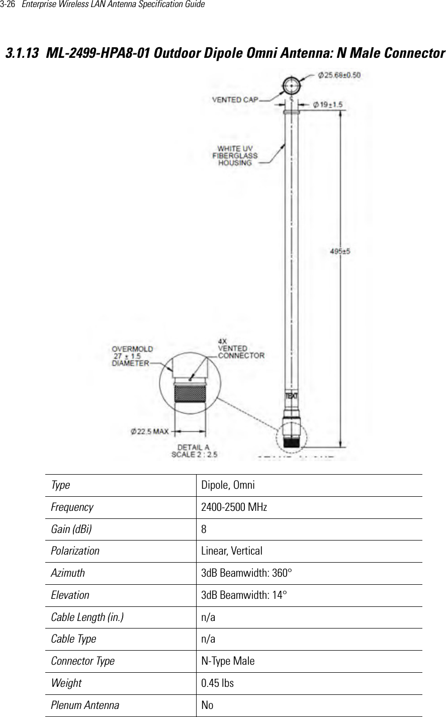 3-26   Enterprise Wireless LAN Antenna Specification Guide 3.1.13 ML-2499-HPA8-01 Outdoor Dipole Omni Antenna: N Male ConnectorType Dipole, Omni Frequency 2400-2500 MHzGain (dBi) 8Polarization Linear, VerticalAzimuth 3dB Beamwidth: 360°Elevation 3dB Beamwidth: 14°Cable Length (in.) n/aCable Type n/aConnector Type N-Type MaleWeight 0.45 lbs Plenum Antenna No