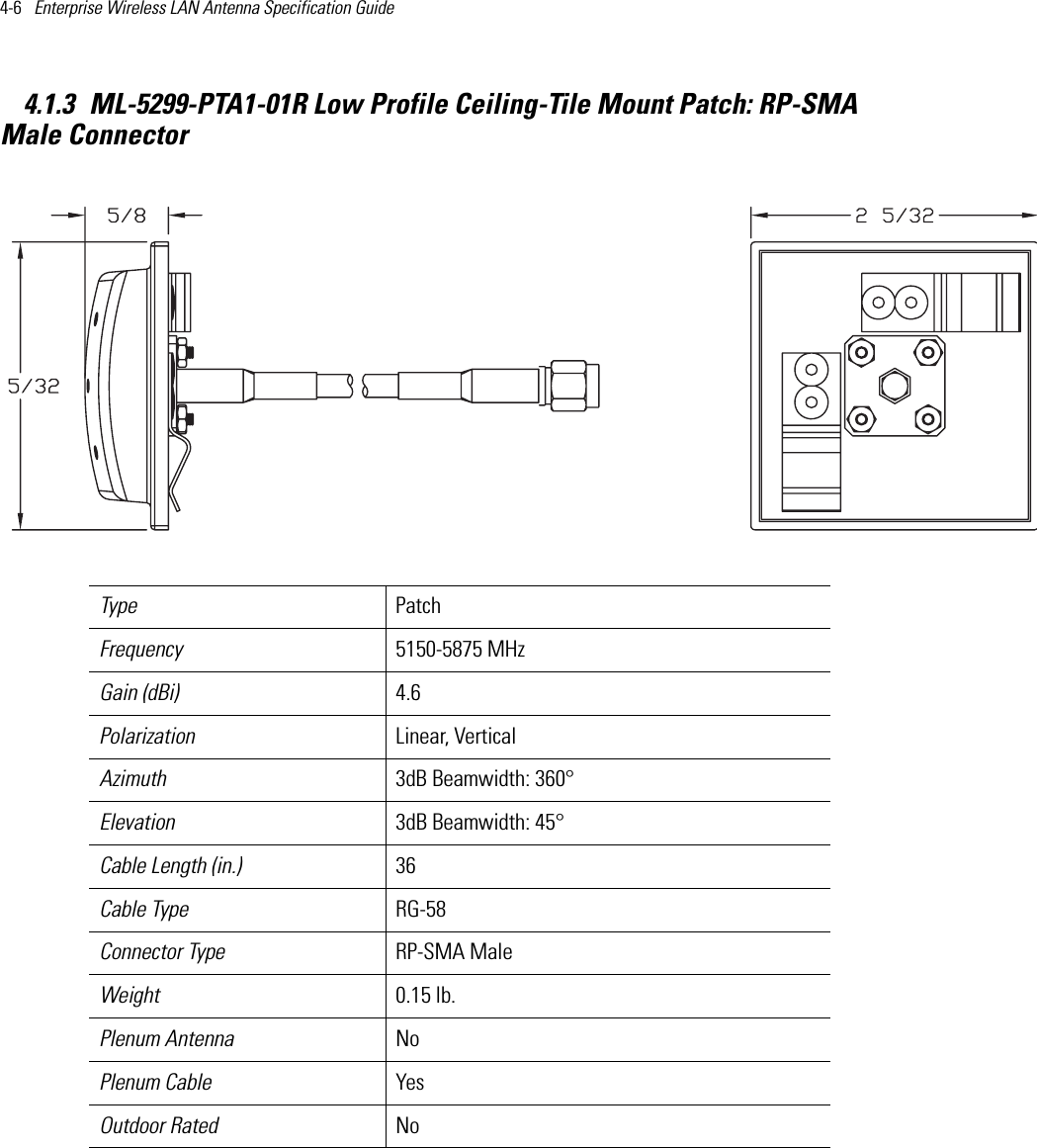 4-6   Enterprise Wireless LAN Antenna Specification Guide 4.1.3 ML-5299-PTA1-01R Low Profile Ceiling-Tile Mount Patch: RP-SMA Male Connector  Type PatchFrequency 5150-5875 MHzGain (dBi) 4.6Polarization Linear, VerticalAzimuth 3dB Beamwidth: 360°Elevation 3dB Beamwidth: 45°Cable Length (in.) 36Cable Type RG-58Connector Type RP-SMA MaleWeight 0.15 lb.Plenum Antenna NoPlenum Cable YesOutdoor Rated No