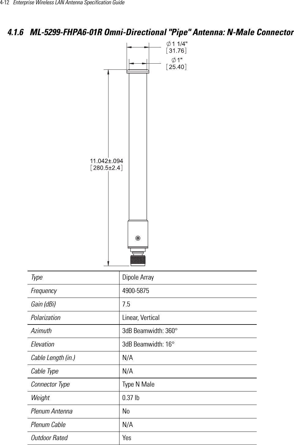4-12   Enterprise Wireless LAN Antenna Specification Guide 4.1.6  ML-5299-FHPA6-01R Omni-Directional &quot;Pipe&quot; Antenna: N-Male Connector  Type Dipole ArrayFrequency 4900-5875Gain (dBi) 7.5Polarization Linear, VerticalAzimuth 3dB Beamwidth: 360°Elevation 3dB Beamwidth: 16°Cable Length (in.) N/ACable Type N/AConnector Type Type N MaleWeight 0.37 lbPlenum Antenna NoPlenum Cable N/AOutdoor Rated Yes