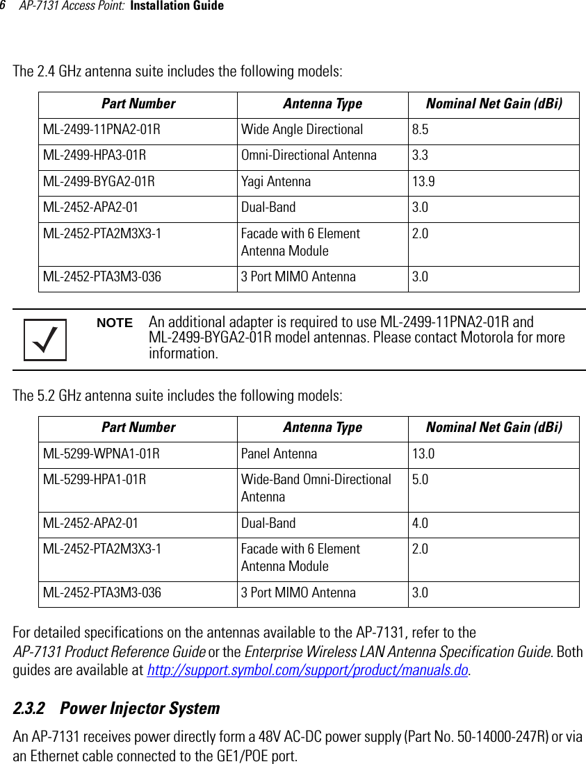 AP-7131 Access Point:  Installation Guide 6The 2.4 GHz antenna suite includes the following models:The 5.2 GHz antenna suite includes the following models:For detailed specifications on the antennas available to the AP-7131, refer to the AP-7131 Product Reference Guide or the Enterprise Wireless LAN Antenna Specification Guide. Both guides are available at http://support.symbol.com/support/product/manuals.do.2.3.2    Power Injector SystemAn AP-7131 receives power directly form a 48V AC-DC power supply (Part No. 50-14000-247R) or via an Ethernet cable connected to the GE1/POE port. Part Number Antenna Type Nominal Net Gain (dBi)ML-2499-11PNA2-01R Wide Angle Directional 8.5ML-2499-HPA3-01R Omni-Directional Antenna 3.3ML-2499-BYGA2-01R Yagi Antenna 13.9ML-2452-APA2-01 Dual-Band 3.0ML-2452-PTA2M3X3-1 Facade with 6 Element Antenna Module2.0ML-2452-PTA3M3-036 3 Port MIMO Antenna 3.0NOTE An additional adapter is required to use ML-2499-11PNA2-01R and ML-2499-BYGA2-01R model antennas. Please contact Motorola for more information.Part Number Antenna Type Nominal Net Gain (dBi)ML-5299-WPNA1-01R Panel Antenna 13.0ML-5299-HPA1-01R Wide-Band Omni-Directional Antenna 5.0ML-2452-APA2-01 Dual-Band 4.0ML-2452-PTA2M3X3-1 Facade with 6 Element Antenna Module2.0ML-2452-PTA3M3-036 3 Port MIMO Antenna 3.0