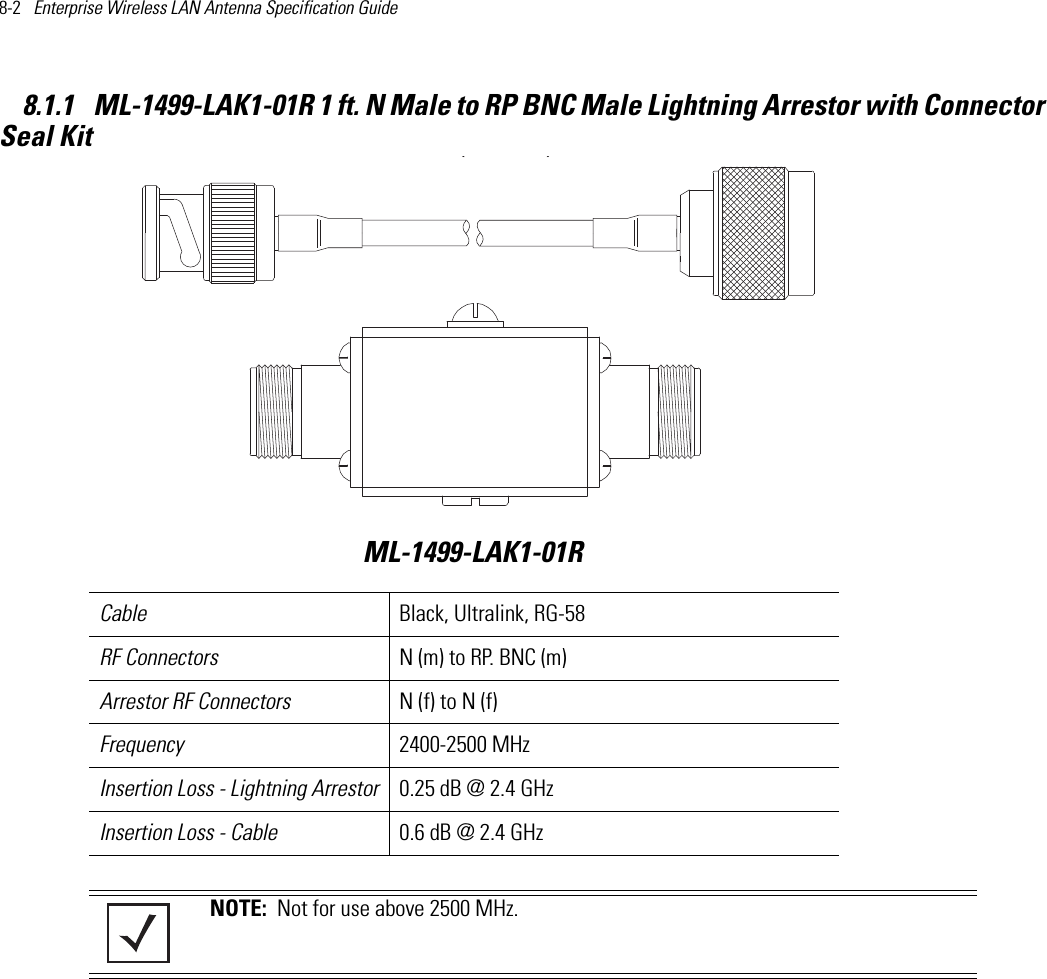 8-2   Enterprise Wireless LAN Antenna Specification Guide 8.1.1  ML-1499-LAK1-01R 1 ft. N Male to RP BNC Male Lightning Arrestor with Connector Seal Kit   Cable Black, Ultralink, RG-58RF Connectors N (m) to RP. BNC (m)Arrestor RF Connectors N (f) to N (f)Frequency 2400-2500 MHz Insertion Loss - Lightning Arrestor 0.25 dB @ 2.4 GHz Insertion Loss - Cable 0.6 dB @ 2.4 GHzNOTE:  Not for use above 2500 MHz.ML-1499-LAK1-01R()