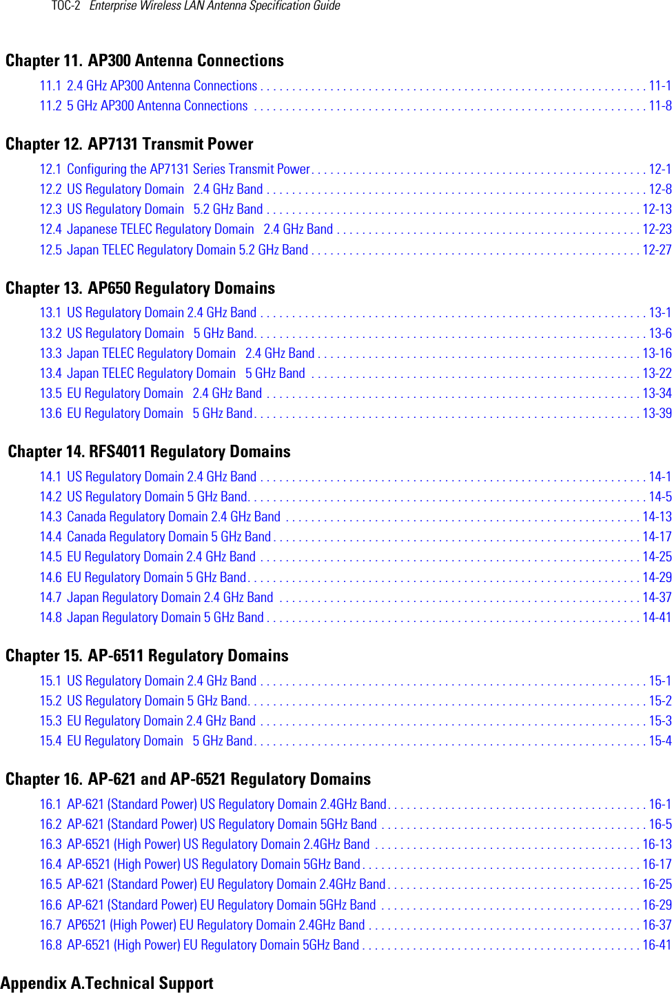 TOC-2   Enterprise Wireless LAN Antenna Specification GuideChapter 11. AP300 Antenna Connections11.1 2.4 GHz AP300 Antenna Connections . . . . . . . . . . . . . . . . . . . . . . . . . . . . . . . . . . . . . . . . . . . . . . . . . . . . . . . . . . . . . 11-111.2 5 GHz AP300 Antenna Connections  . . . . . . . . . . . . . . . . . . . . . . . . . . . . . . . . . . . . . . . . . . . . . . . . . . . . . . . . . . . . . . 11-8Chapter 12. AP7131 Transmit Power12.1 Configuring the AP7131 Series Transmit Power. . . . . . . . . . . . . . . . . . . . . . . . . . . . . . . . . . . . . . . . . . . . . . . . . . . . . 12-112.2 US Regulatory Domain   2.4 GHz Band . . . . . . . . . . . . . . . . . . . . . . . . . . . . . . . . . . . . . . . . . . . . . . . . . . . . . . . . . . . . 12-812.3 US Regulatory Domain   5.2 GHz Band . . . . . . . . . . . . . . . . . . . . . . . . . . . . . . . . . . . . . . . . . . . . . . . . . . . . . . . . . . . 12-1312.4 Japanese TELEC Regulatory Domain   2.4 GHz Band . . . . . . . . . . . . . . . . . . . . . . . . . . . . . . . . . . . . . . . . . . . . . . . . 12-2312.5 Japan TELEC Regulatory Domain 5.2 GHz Band . . . . . . . . . . . . . . . . . . . . . . . . . . . . . . . . . . . . . . . . . . . . . . . . . . . . 12-27Chapter 13. AP650 Regulatory Domains13.1 US Regulatory Domain 2.4 GHz Band . . . . . . . . . . . . . . . . . . . . . . . . . . . . . . . . . . . . . . . . . . . . . . . . . . . . . . . . . . . . . 13-113.2 US Regulatory Domain   5 GHz Band. . . . . . . . . . . . . . . . . . . . . . . . . . . . . . . . . . . . . . . . . . . . . . . . . . . . . . . . . . . . . . 13-613.3 Japan TELEC Regulatory Domain   2.4 GHz Band . . . . . . . . . . . . . . . . . . . . . . . . . . . . . . . . . . . . . . . . . . . . . . . . . . . 13-1613.4 Japan TELEC Regulatory Domain   5 GHz Band  . . . . . . . . . . . . . . . . . . . . . . . . . . . . . . . . . . . . . . . . . . . . . . . . . . . . 13-2213.5 EU Regulatory Domain   2.4 GHz Band . . . . . . . . . . . . . . . . . . . . . . . . . . . . . . . . . . . . . . . . . . . . . . . . . . . . . . . . . . . 13-3413.6 EU Regulatory Domain   5 GHz Band. . . . . . . . . . . . . . . . . . . . . . . . . . . . . . . . . . . . . . . . . . . . . . . . . . . . . . . . . . . . . 13-39  Chapter 14. RFS4011 Regulatory Domains14.1 US Regulatory Domain 2.4 GHz Band . . . . . . . . . . . . . . . . . . . . . . . . . . . . . . . . . . . . . . . . . . . . . . . . . . . . . . . . . . . . . 14-114.2 US Regulatory Domain 5 GHz Band. . . . . . . . . . . . . . . . . . . . . . . . . . . . . . . . . . . . . . . . . . . . . . . . . . . . . . . . . . . . . . . 14-514.3 Canada Regulatory Domain 2.4 GHz Band  . . . . . . . . . . . . . . . . . . . . . . . . . . . . . . . . . . . . . . . . . . . . . . . . . . . . . . . . 14-1314.4 Canada Regulatory Domain 5 GHz Band . . . . . . . . . . . . . . . . . . . . . . . . . . . . . . . . . . . . . . . . . . . . . . . . . . . . . . . . . . 14-1714.5 EU Regulatory Domain 2.4 GHz Band . . . . . . . . . . . . . . . . . . . . . . . . . . . . . . . . . . . . . . . . . . . . . . . . . . . . . . . . . . . . 14-2514.6 EU Regulatory Domain 5 GHz Band. . . . . . . . . . . . . . . . . . . . . . . . . . . . . . . . . . . . . . . . . . . . . . . . . . . . . . . . . . . . . . 14-2914.7 Japan Regulatory Domain 2.4 GHz Band  . . . . . . . . . . . . . . . . . . . . . . . . . . . . . . . . . . . . . . . . . . . . . . . . . . . . . . . . . 14-3714.8 Japan Regulatory Domain 5 GHz Band . . . . . . . . . . . . . . . . . . . . . . . . . . . . . . . . . . . . . . . . . . . . . . . . . . . . . . . . . . . 14-41Chapter 15. AP-6511 Regulatory Domains15.1 US Regulatory Domain 2.4 GHz Band . . . . . . . . . . . . . . . . . . . . . . . . . . . . . . . . . . . . . . . . . . . . . . . . . . . . . . . . . . . . . 15-115.2 US Regulatory Domain 5 GHz Band. . . . . . . . . . . . . . . . . . . . . . . . . . . . . . . . . . . . . . . . . . . . . . . . . . . . . . . . . . . . . . . 15-215.3 EU Regulatory Domain 2.4 GHz Band . . . . . . . . . . . . . . . . . . . . . . . . . . . . . . . . . . . . . . . . . . . . . . . . . . . . . . . . . . . . . 15-315.4 EU Regulatory Domain   5 GHz Band. . . . . . . . . . . . . . . . . . . . . . . . . . . . . . . . . . . . . . . . . . . . . . . . . . . . . . . . . . . . . . 15-4Chapter 16. AP-621 and AP-6521 Regulatory Domains16.1 AP-621 (Standard Power) US Regulatory Domain 2.4GHz Band. . . . . . . . . . . . . . . . . . . . . . . . . . . . . . . . . . . . . . . . . 16-116.2 AP-621 (Standard Power) US Regulatory Domain 5GHz Band . . . . . . . . . . . . . . . . . . . . . . . . . . . . . . . . . . . . . . . . . . 16-516.3 AP-6521 (High Power) US Regulatory Domain 2.4GHz Band  . . . . . . . . . . . . . . . . . . . . . . . . . . . . . . . . . . . . . . . . . . 16-1316.4 AP-6521 (High Power) US Regulatory Domain 5GHz Band . . . . . . . . . . . . . . . . . . . . . . . . . . . . . . . . . . . . . . . . . . . . 16-1716.5 AP-621 (Standard Power) EU Regulatory Domain 2.4GHz Band . . . . . . . . . . . . . . . . . . . . . . . . . . . . . . . . . . . . . . . . 16-2516.6 AP-621 (Standard Power) EU Regulatory Domain 5GHz Band  . . . . . . . . . . . . . . . . . . . . . . . . . . . . . . . . . . . . . . . . . 16-2916.7 AP6521 (High Power) EU Regulatory Domain 2.4GHz Band . . . . . . . . . . . . . . . . . . . . . . . . . . . . . . . . . . . . . . . . . . . 16-3716.8 AP-6521 (High Power) EU Regulatory Domain 5GHz Band . . . . . . . . . . . . . . . . . . . . . . . . . . . . . . . . . . . . . . . . . . . . 16-41Appendix A.Technical Support