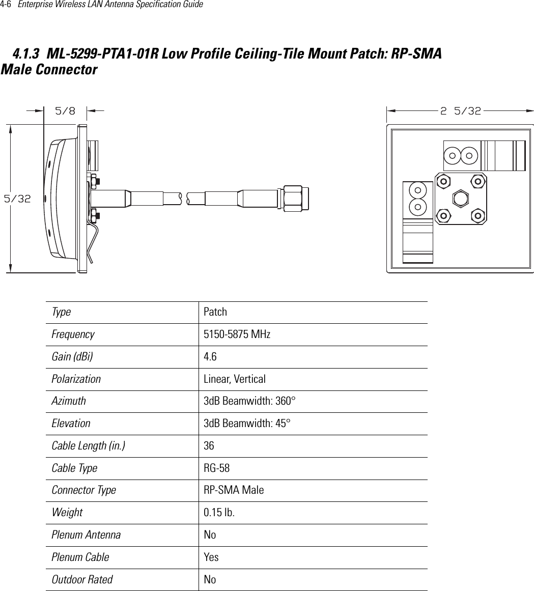 4-6   Enterprise Wireless LAN Antenna Specification Guide 4.1.3 ML-5299-PTA1-01R Low Profile Ceiling-Tile Mount Patch: RP-SMA Male Connector  Type PatchFrequency 5150-5875 MHzGain (dBi) 4.6Polarization Linear, VerticalAzimuth 3dB Beamwidth: 360°Elevation 3dB Beamwidth: 45°Cable Length (in.) 36Cable Type RG-58Connector Type RP-SMA MaleWeight 0.15 lb.Plenum Antenna NoPlenum Cable YesOutdoor Rated No