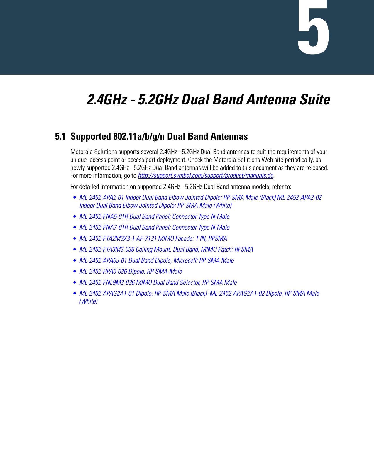   2.4GHz - 5.2GHz Dual Band Antenna Suite5.1 Supported 802.11a/b/g/n Dual Band AntennasMotorola Solutions supports several 2.4GHz - 5.2GHz Dual Band antennas to suit the requirements of your unique  access point or access port deployment. Check the Motorola Solutions Web site periodically, as newly supported 2.4GHz - 5.2GHz Dual Band antennas will be added to this document as they are released. For more information, go to http://support.symbol.com/support/product/manuals.do.For detailed information on supported 2.4GHz - 5.2GHz Dual Band antenna models, refer to:•ML-2452-APA2-01 Indoor Dual Band Elbow Jointed Dipole: RP-SMA Male (Black) ML-2452-APA2-02 Indoor Dual Band Elbow Jointed Dipole: RP-SMA Male (White)•ML-2452-PNA5-01R Dual Band Panel: Connector Type N-Male•ML-2452-PNA7-01R Dual Band Panel: Connector Type N-Male•ML-2452-PTA2M3X3-1 AP-7131 MIMO Facade: 1 IN, RPSMA•ML-2452-PTA3M3-036 Ceiling Mount, Dual Band, MIMO Patch: RPSMA •ML-2452-APA6J-01 Dual Band Dipole, Microcell: RP-SMA Male•ML-2452-HPA5-036 Dipole, RP-SMA-Male•ML-2452-PNL9M3-036 MIMO Dual Band Selector, RP-SMA Male•ML-2452-APAG2A1-01 Dipole, RP-SMA Male (Black)  ML-2452-APAG2A1-02 Dipole, RP-SMA Male (White)