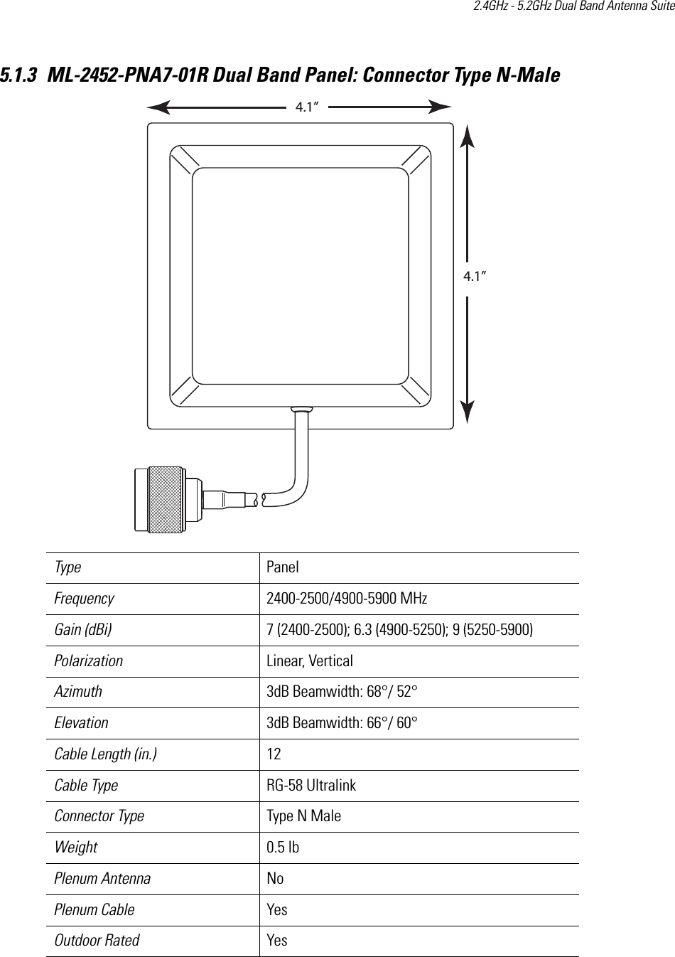 2.4GHz - 5.2GHz Dual Band Antenna Suite 5.1.3 ML-2452-PNA7-01R Dual Band Panel: Connector Type N-Male  Type PanelFrequency 2400-2500/4900-5900 MHzGain (dBi) 7 (2400-2500); 6.3 (4900-5250); 9 (5250-5900)Polarization Linear, VerticalAzimuth 3dB Beamwidth: 68°/ 52°Elevation 3dB Beamwidth: 66°/ 60°Cable Length (in.) 12Cable Type RG-58 Ultralink Connector Type Type N Male Weight 0.5 lbPlenum Antenna NoPlenum Cable YesOutdoor Rated Yes4.1”4.1”