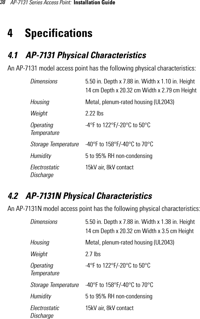 AP-7131 Series Access Point:  Installation Guide 384 Specifications4.1    AP-7131 Physical CharacteristicsAn AP-7131 model access point has the following physical characteristics:  4.2    AP-7131N Physical CharacteristicsAn AP-7131N model access point has the following physical characteristics:  Dimensions 5.50 in. Depth x 7.88 in. Width x 1.10 in. Height14 cm Depth x 20.32 cm Width x 2.79 cm HeightHousing Metal, plenum-rated housing (UL2043)Weight 2.22 lbsOperating Temperature-4°F to 122°F/-20°C to 50°CStorage Temperature -40°F to 158°F/-40°C to 70°CHumidity 5 to 95% RH non-condensingElectrostatic Discharge15kV air, 8kV contactDimensions 5.50 in. Depth x 7.88 in. Width x 1.38 in. Height14 cm Depth x 20.32 cm Width x 3.5 cm HeightHousing Metal, plenum-rated housing (UL2043)Weight 2.7 lbsOperating Temperature-4°F to 122°F/-20°C to 50°CStorage Temperature -40°F to 158°F/-40°C to 70°CHumidity 5 to 95% RH non-condensingElectrostatic Discharge15kV air, 8kV contact