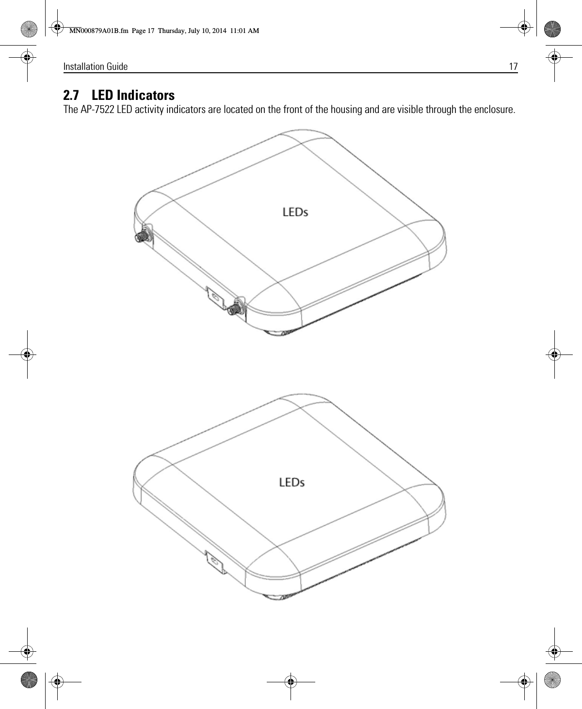 Installation Guide 172.7    LED IndicatorsThe AP-7522 LED activity indicators are located on the front of the housing and are visible through the enclosure.MN000879A01B.fm  Page 17  Thursday, July 10, 2014  11:01 AM