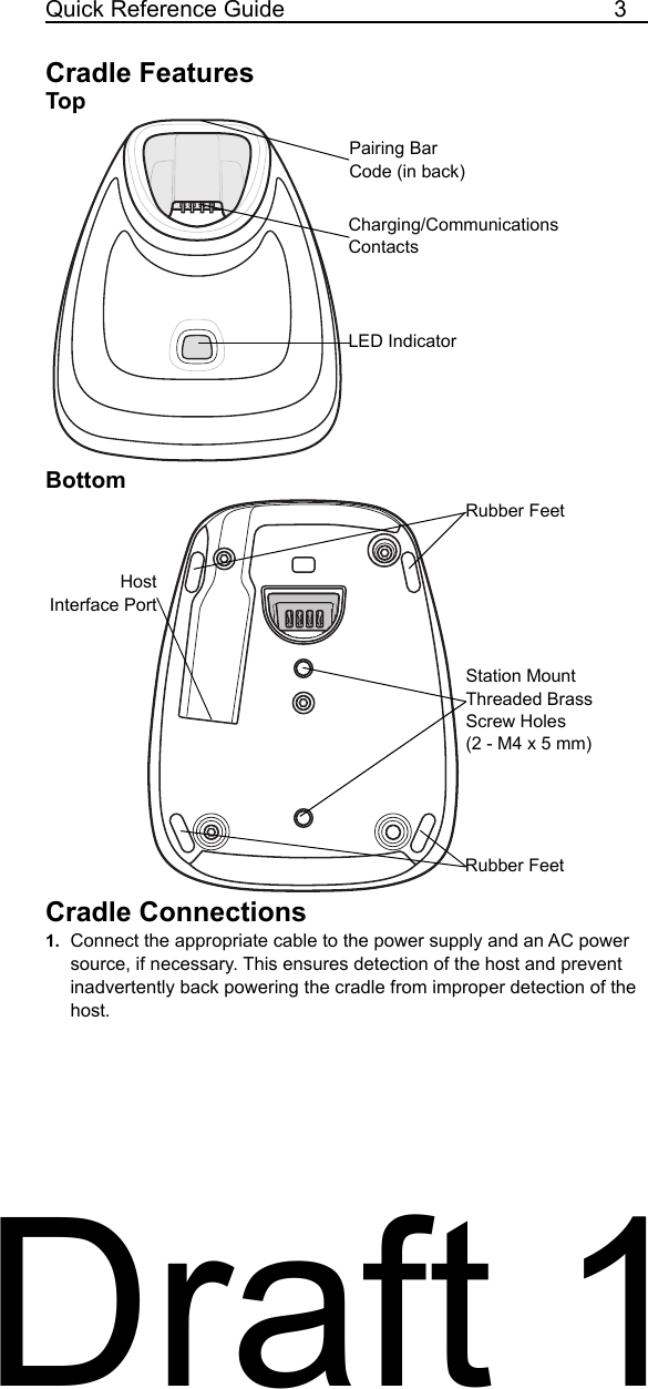 Quick Reference Guide 3Cradle FeaturesTopBottomCradle Connections1. Connect the appropriate cable to the power supply and an AC power source, if necessary. This ensures detection of the host and prevent inadvertently back powering the cradle from improper detection of the host. Charging/CommunicationsContactsPairing BarCode (in back)LED IndicatorRubber Feet Rubber Feet HostInterface PortStation MountThreaded BrassScrew Holes(2 - M4 x 5 mm)Draft 1