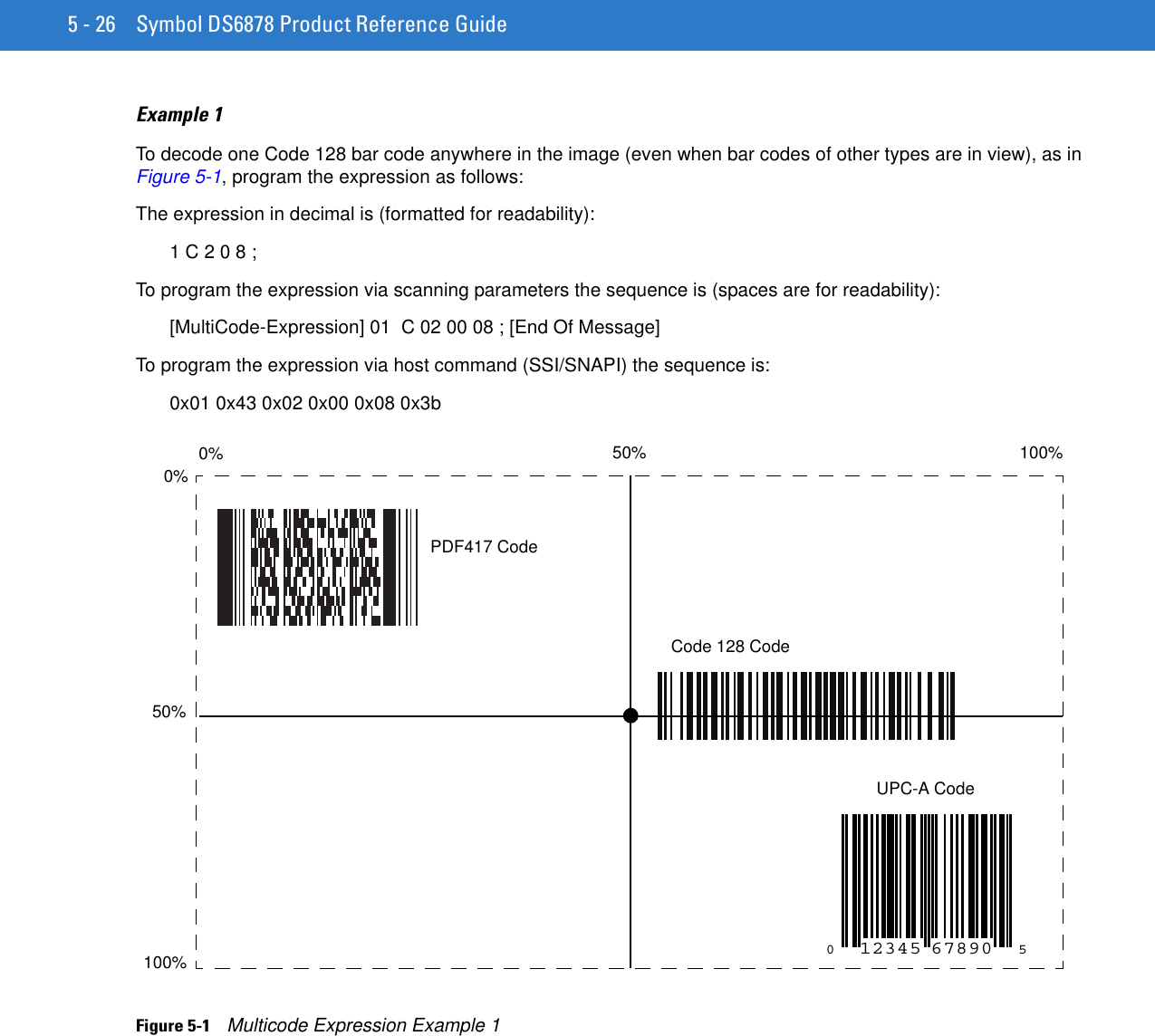 5 - 26 Symbol DS6878 Product Reference GuideExample 1To decode one Code 128 bar code anywhere in the image (even when bar codes of other types are in view), as in Figure 5-1, program the expression as follows:The expression in decimal is (formatted for readability): 1 C 2 0 8 ;To program the expression via scanning parameters the sequence is (spaces are for readability): [MultiCode-Expression] 01  C 02 00 08 ; [End Of Message]To program the expression via host command (SSI/SNAPI) the sequence is: 0x01 0x43 0x02 0x00 0x08 0x3b Figure 5-1    Multicode Expression Example 101234567890550%0%100%0% 50% 100%PDF417 CodeCode 128 CodeUPC-A Code