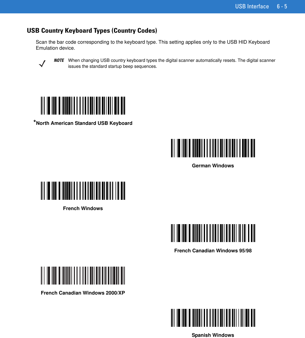 USB Interface 6 - 5USB Country Keyboard Types (Country Codes)Scan the bar code corresponding to the keyboard type. This setting applies only to the USB HID Keyboard Emulation device.NOTE When changing USB country keyboard types the digital scanner automatically resets. The digital scanner issues the standard startup beep sequences.*North American Standard USB KeyboardGerman WindowsFrench WindowsFrench Canadian Windows 95/98French Canadian Windows 2000/XPSpanish Windows