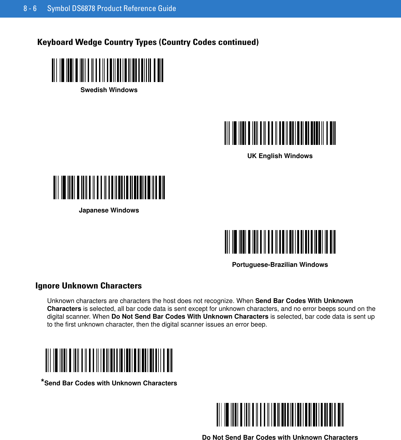 8 - 6 Symbol DS6878 Product Reference GuideIgnore Unknown CharactersUnknown characters are characters the host does not recognize. When Send Bar Codes With Unknown Characters is selected, all bar code data is sent except for unknown characters, and no error beeps sound on the digital scanner. When Do Not Send Bar Codes With Unknown Characters is selected, bar code data is sent up to the first unknown character, then the digital scanner issues an error beep.Keyboard Wedge Country Types (Country Codes continued)Swedish WindowsUK English WindowsJapanese WindowsPortuguese-Brazilian Windows*Send Bar Codes with Unknown CharactersDo Not Send Bar Codes with Unknown Characters