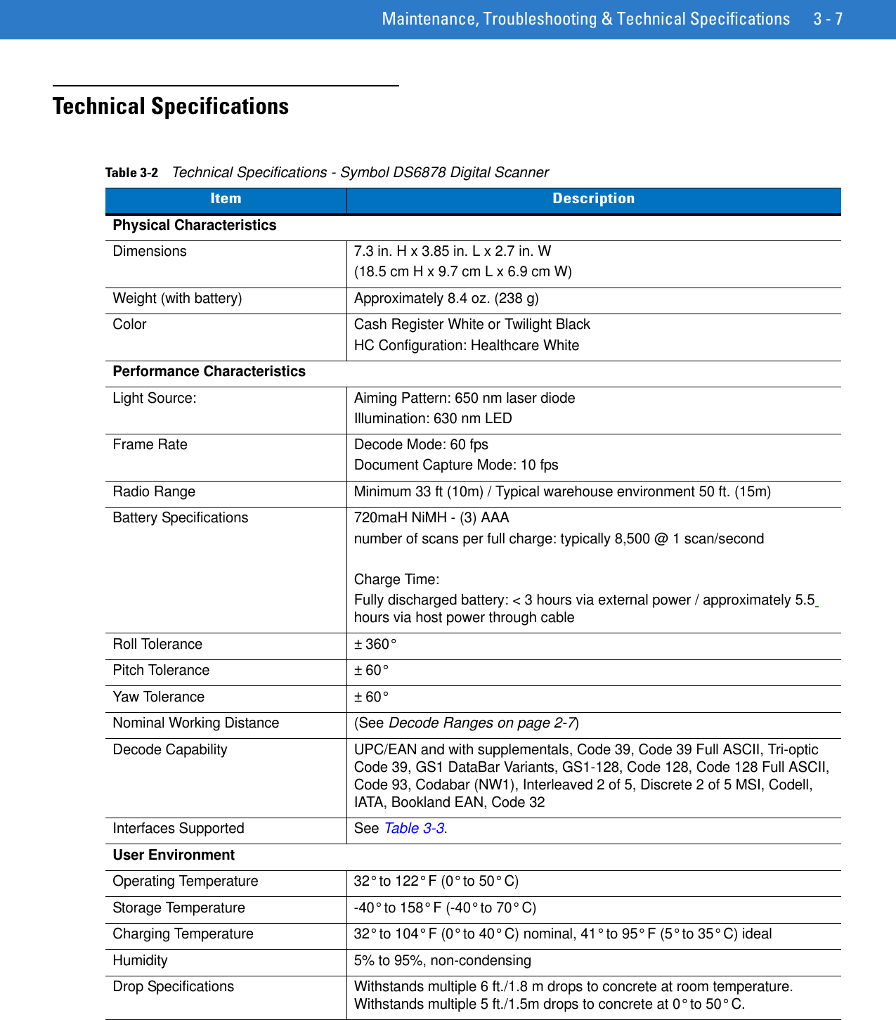 Maintenance, Troubleshooting &amp; Technical Specifications 3 - 7Technical SpecificationsTable 3-2    Technical Specifications - Symbol DS6878 Digital ScannerItem DescriptionPhysical CharacteristicsDimensions 7.3 in. H x 3.85 in. L x 2.7 in. W (18.5 cm H x 9.7 cm L x 6.9 cm W)Weight (with battery) Approximately 8.4 oz. (238 g)Color Cash Register White or Twilight BlackHC Configuration: Healthcare WhitePerformance CharacteristicsLight Source:  Aiming Pattern: 650 nm laser diodeIllumination: 630 nm LEDFrame Rate Decode Mode: 60 fpsDocument Capture Mode: 10 fpsRadio Range Minimum 33 ft (10m) / Typical warehouse environment 50 ft. (15m) Battery Specifications 720maH NiMH - (3) AAAnumber of scans per full charge: typically 8,500 @ 1 scan/secondCharge Time:Fully discharged battery: &lt; 3 hours via external power / approximately 5.5 hours via host power through cableRoll Tolerance ± 360°Pitch Tolerance ± 60° Yaw Tolerance ± 60°Nominal Working Distance (See Decode Ranges on page 2-7)Decode Capability UPC/EAN and with supplementals, Code 39, Code 39 Full ASCII, Tri-optic Code 39, GS1 DataBar Variants, GS1-128, Code 128, Code 128 Full ASCII, Code 93, Codabar (NW1), Interleaved 2 of 5, Discrete 2 of 5 MSI, Codell, IATA, Bookland EAN, Code 32Interfaces Supported See Table 3-3.User EnvironmentOperating Temperature 32° to 122° F (0° to 50° C)Storage Temperature -40° to 158° F (-40° to 70° C)Charging Temperature 32° to 104° F (0° to 40° C) nominal, 41° to 95° F (5° to 35° C) idealHumidity 5% to 95%, non-condensingDrop Specifications Withstands multiple 6 ft./1.8 m drops to concrete at room temperature.Withstands multiple 5 ft./1.5m drops to concrete at 0° to 50° C.