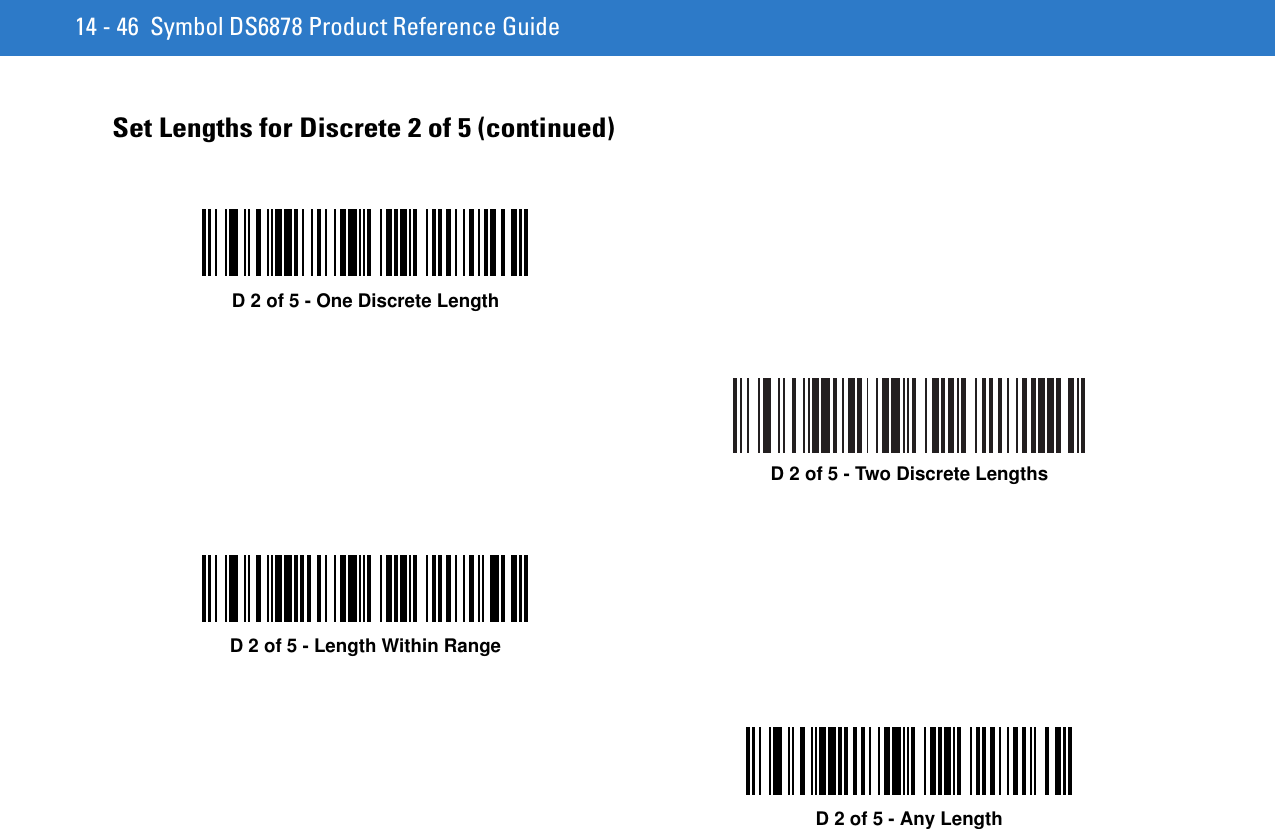 14 - 46 Symbol DS6878 Product Reference GuideSet Lengths for Discrete 2 of 5 (continued)D 2 of 5 - One Discrete LengthD 2 of 5 - Two Discrete LengthsD 2 of 5 - Length Within RangeD 2 of 5 - Any Length