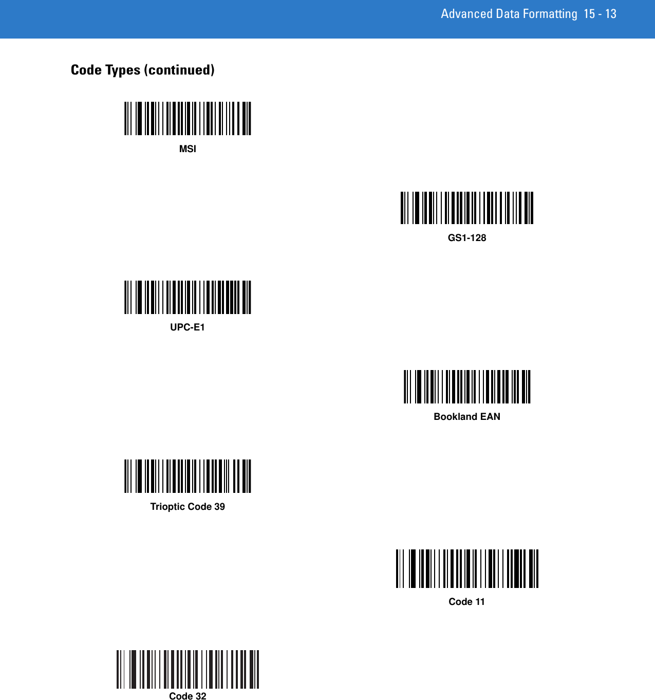 Advanced Data Formatting 15 - 13Code Types (continued)MSIGS1-128UPC-E1Bookland EANTrioptic Code 39Code 11Code 32