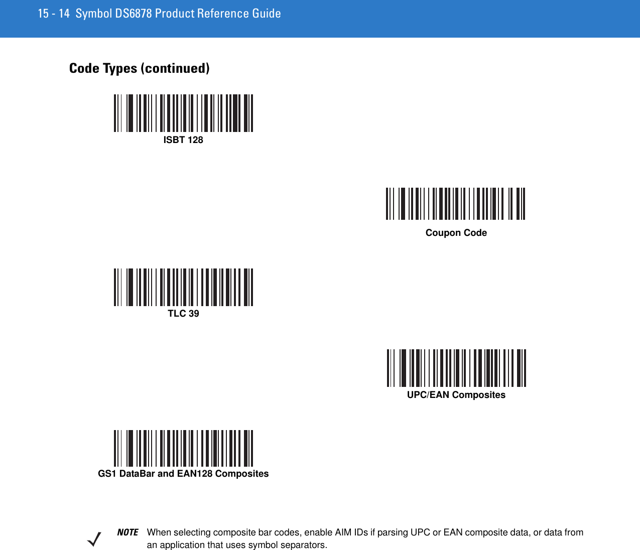 15 - 14 Symbol DS6878 Product Reference GuideCode Types (continued)ISBT 128Coupon CodeTLC 39UPC/EAN CompositesGS1 DataBar and EAN128 CompositesNOTE When selecting composite bar codes, enable AIM IDs if parsing UPC or EAN composite data, or data from an application that uses symbol separators.
