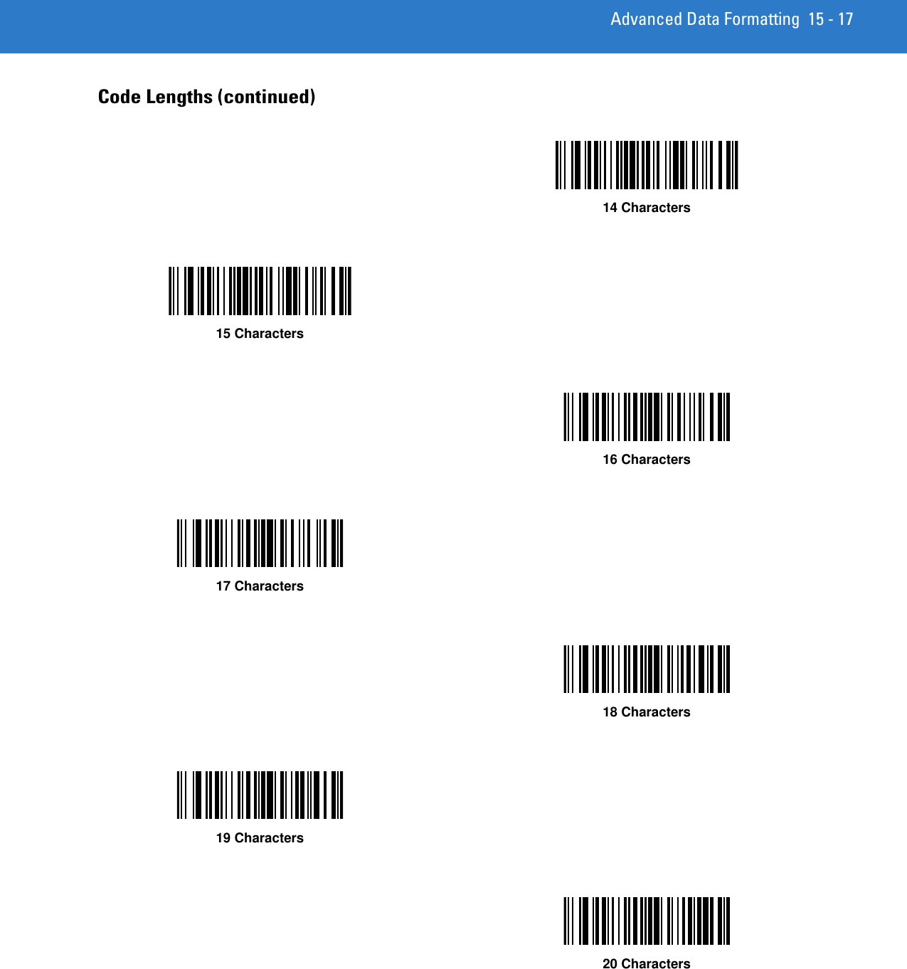 Advanced Data Formatting 15 - 17Code Lengths (continued)14 Characters15 Characters16 Characters17 Characters18 Characters19 Characters20 Characters