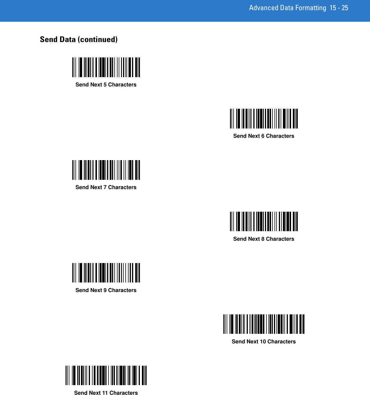 Advanced Data Formatting 15 - 25Send Data (continued)Send Next 5 CharactersSend Next 6 CharactersSend Next 7 CharactersSend Next 8 CharactersSend Next 9 CharactersSend Next 10 CharactersSend Next 11 Characters