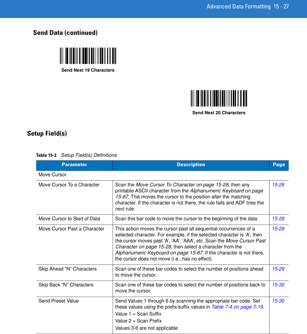 Advanced Data Formatting 15 - 27Setup Field(s)Send Data (continued)Send Next 19 CharactersSend Next 20 CharactersTable 15-2    Setup Field(s) DefinitionsParameter Description PageMove CursorMove Cursor To a Character Scan the Move Cursor To Character on page 15-28, then any printable ASCII character from the Alphanumeric Keyboard on page 15-87. This moves the cursor to the position after the matching character. If the character is not there, the rule fails and ADF tries the next rule.15-28Move Cursor to Start of Data Scan this bar code to move the cursor to the beginning of the data. 15-28Move Cursor Past a Character  This action moves the cursor past all sequential occurrences of a selected character. For example, if the selected character is ‘A’, then the cursor moves past ‘A’, ‘AA’, ‘AAA’, etc. Scan the Move Cursor Past Character on page 15-28, then select a character from the Alphanumeric Keyboard on page 15-87. If the character is not there, the cursor does not move (i.e., has no effect).15-28Skip Ahead “N” Characters Scan one of these bar codes to select the number of positions ahead to move the cursor. 15-29Skip Back “N” Characters Scan one of these bar codes to select the number of positions back to move the cursor. 15-30Send Preset Value Send Values 1 through 6 by scanning the appropriate bar code. Set these values using the prefix/suffix values in Table 7-4 on page 7-19.Value 1 = Scan SuffixValue 2 = Scan PrefixValues 3-6 are not applicable15-30