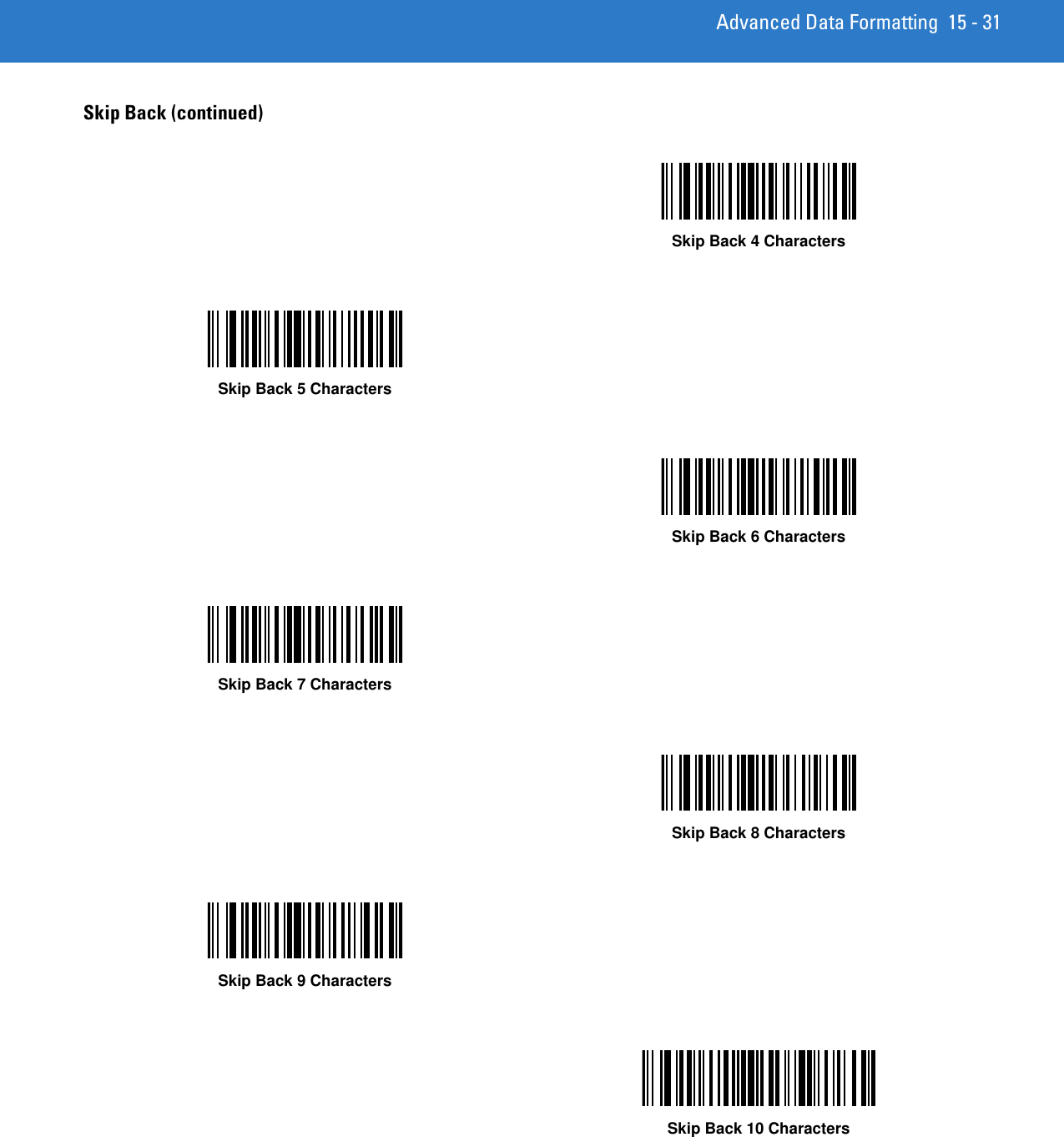 Advanced Data Formatting 15 - 31Skip Back (continued)Skip Back 4 CharactersSkip Back 5 CharactersSkip Back 6 CharactersSkip Back 7 CharactersSkip Back 8 CharactersSkip Back 9 CharactersSkip Back 10 Characters