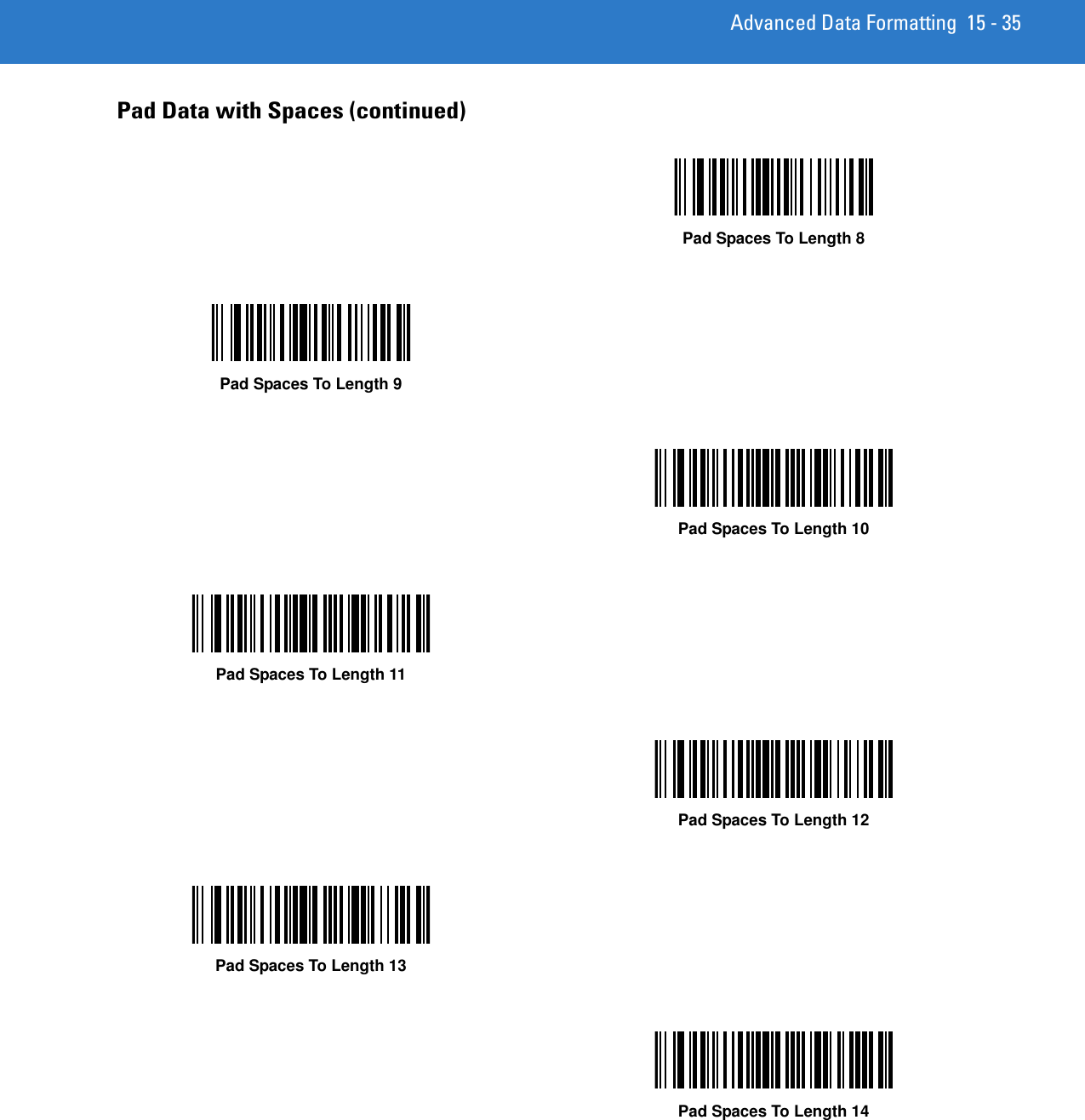 Advanced Data Formatting 15 - 35Pad Data with Spaces (continued)Pad Spaces To Length 8Pad Spaces To Length 9Pad Spaces To Length 10Pad Spaces To Length 11Pad Spaces To Length 12Pad Spaces To Length 13Pad Spaces To Length 14