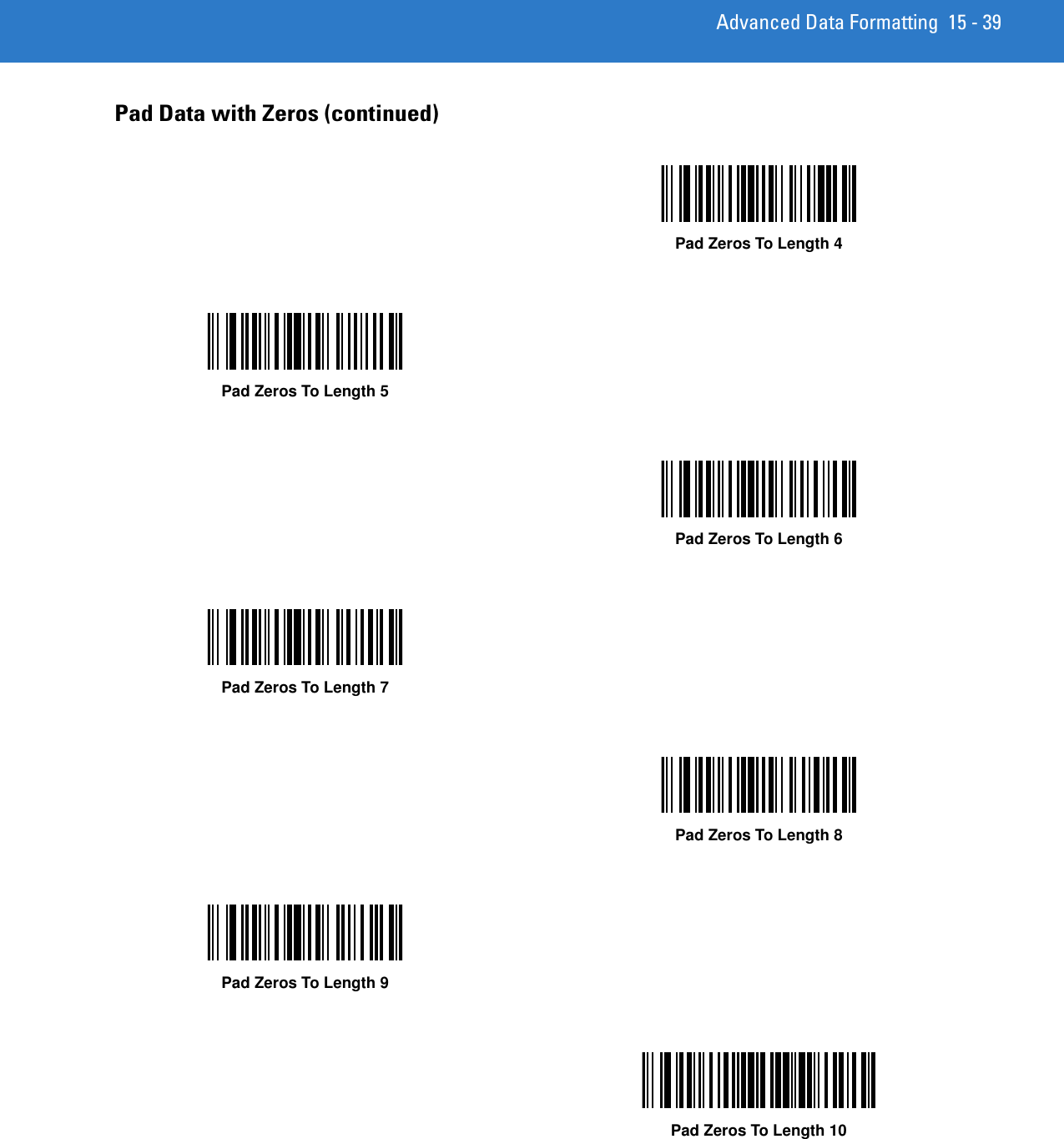 Advanced Data Formatting 15 - 39Pad Data with Zeros (continued)Pad Zeros To Length 4Pad Zeros To Length 5Pad Zeros To Length 6Pad Zeros To Length 7Pad Zeros To Length 8Pad Zeros To Length 9Pad Zeros To Length 10