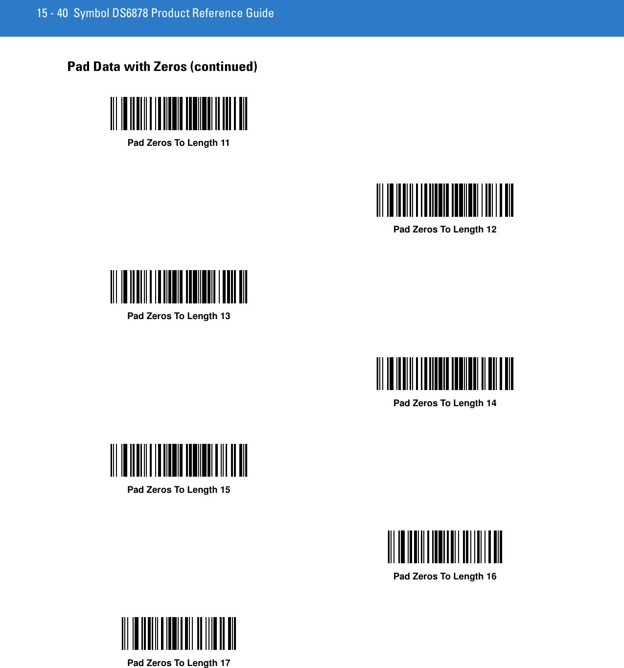 15 - 40 Symbol DS6878 Product Reference GuidePad Data with Zeros (continued)Pad Zeros To Length 11Pad Zeros To Length 12Pad Zeros To Length 13Pad Zeros To Length 14Pad Zeros To Length 15Pad Zeros To Length 16Pad Zeros To Length 17