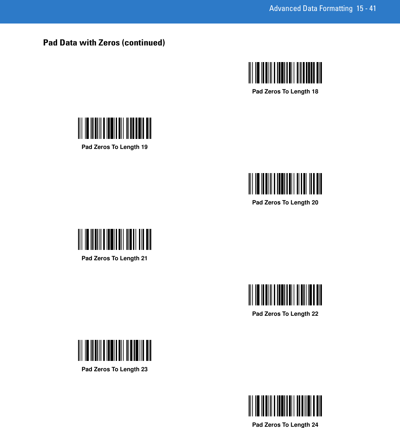 Advanced Data Formatting 15 - 41Pad Data with Zeros (continued)Pad Zeros To Length 18Pad Zeros To Length 19Pad Zeros To Length 20Pad Zeros To Length 21Pad Zeros To Length 22Pad Zeros To Length 23Pad Zeros To Length 24