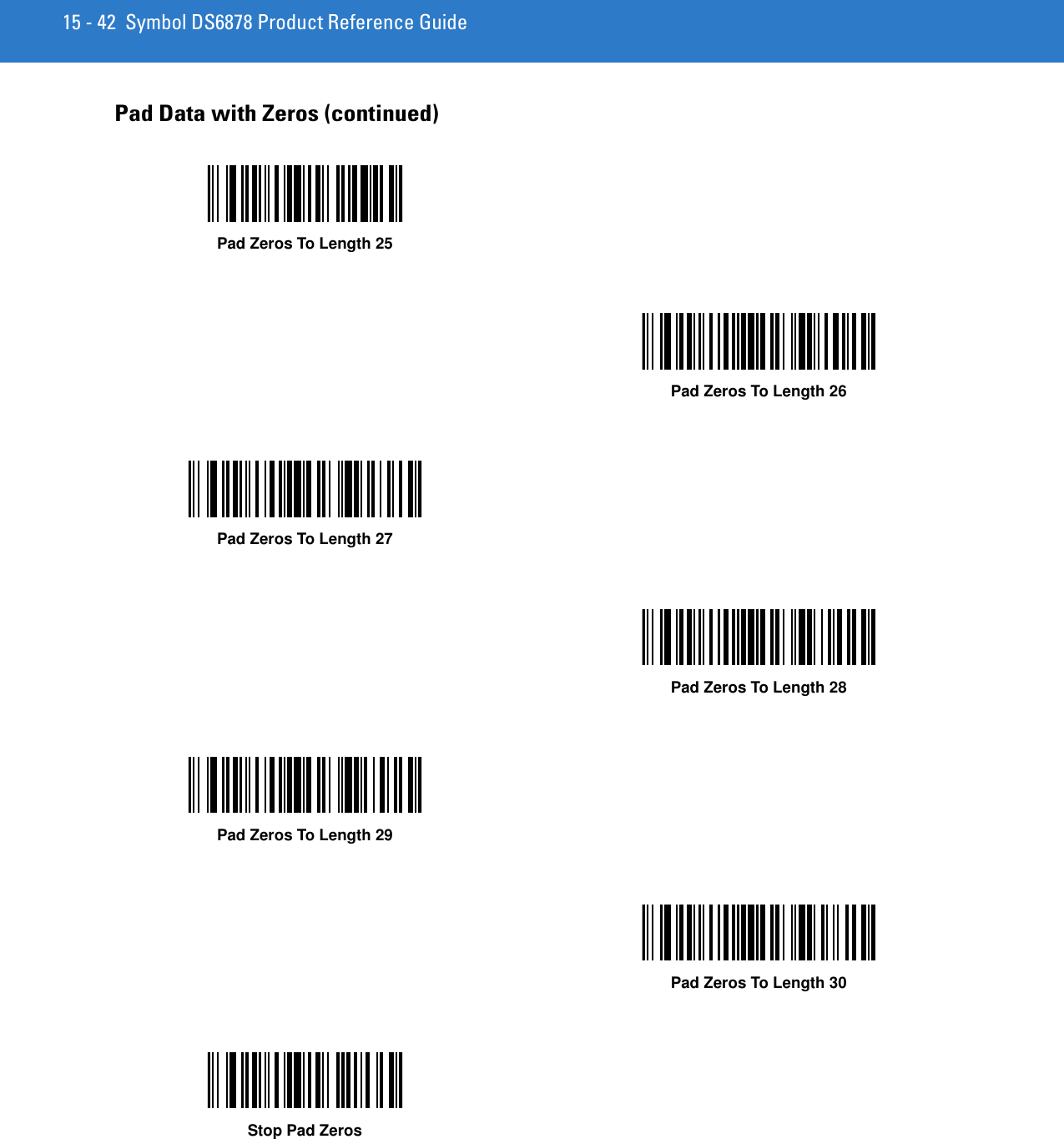 15 - 42 Symbol DS6878 Product Reference GuidePad Data with Zeros (continued)Pad Zeros To Length 25Pad Zeros To Length 26Pad Zeros To Length 27Pad Zeros To Length 28Pad Zeros To Length 29Pad Zeros To Length 30Stop Pad Zeros