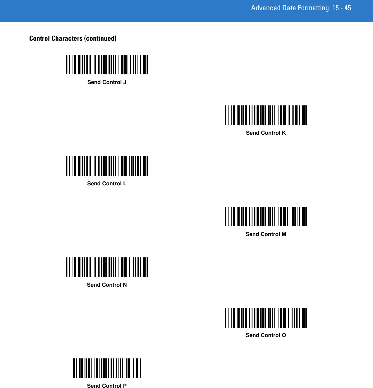 Advanced Data Formatting 15 - 45Control Characters (continued)Send Control JSend Control KSend Control LSend Control MSend Control NSend Control OSend Control P