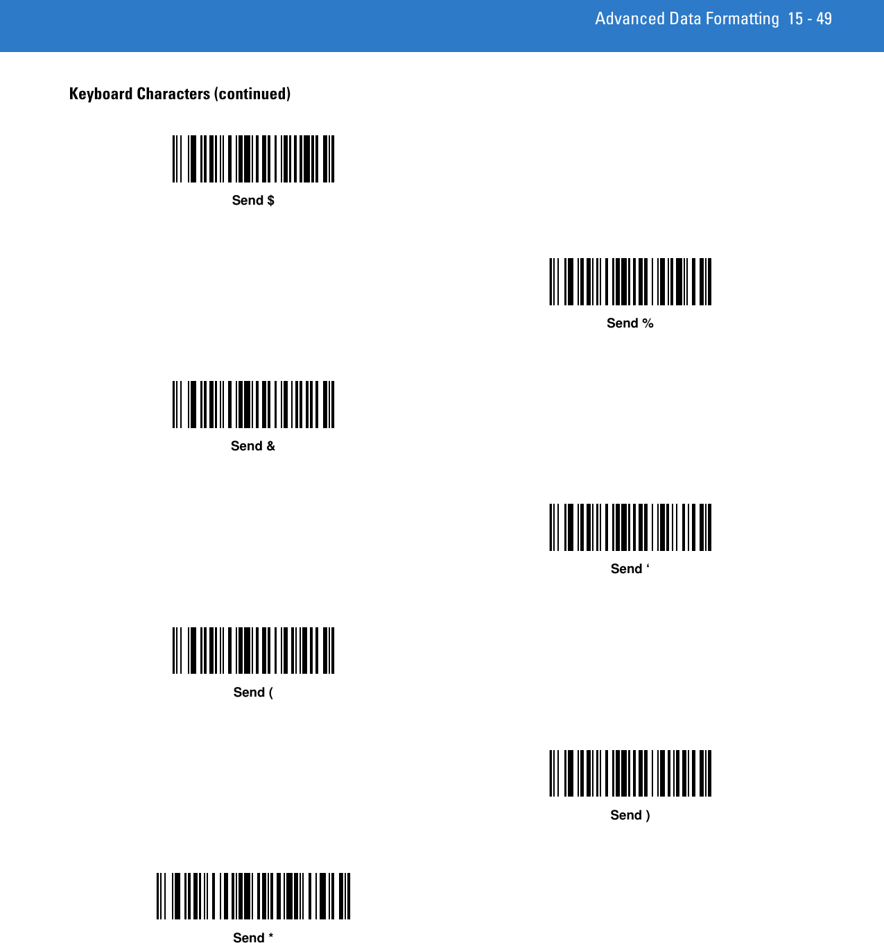 Advanced Data Formatting 15 - 49Keyboard Characters (continued)Send $Send %Send &amp;Send ‘Send (Send )Send *