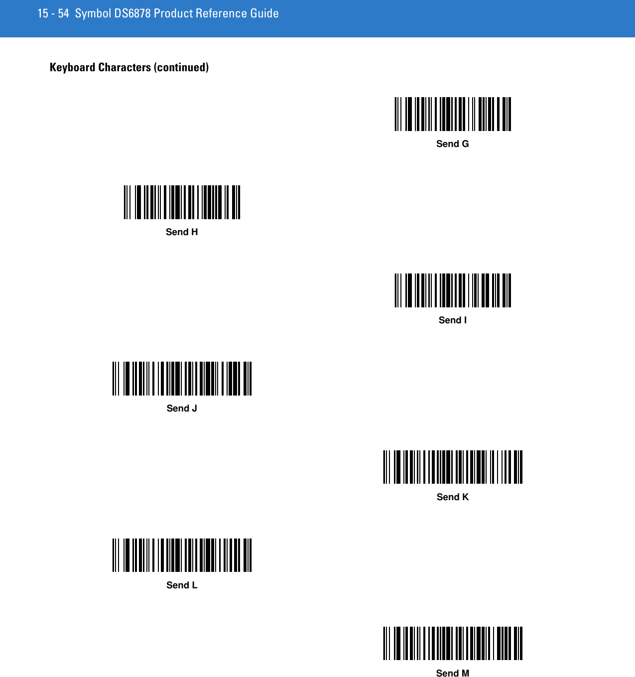 15 - 54 Symbol DS6878 Product Reference GuideKeyboard Characters (continued)Send GSend HSend ISend JSend KSend LSend M