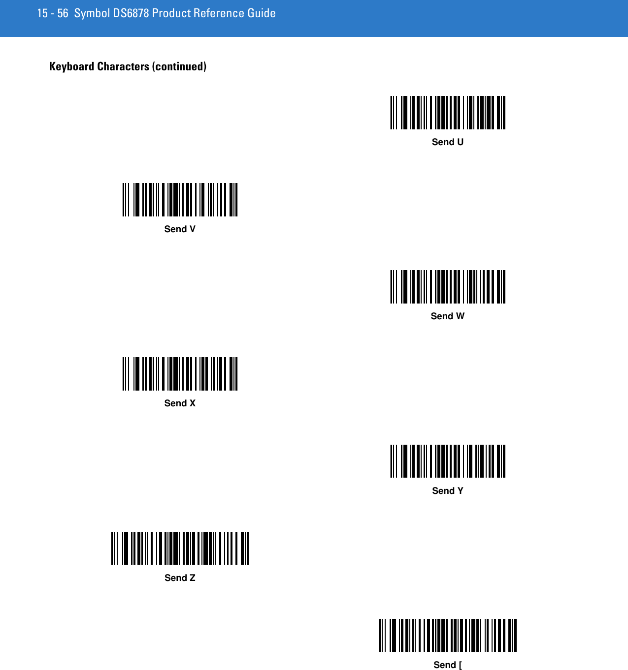 15 - 56 Symbol DS6878 Product Reference GuideKeyboard Characters (continued)Send USend VSend WSend XSend YSend ZSend [