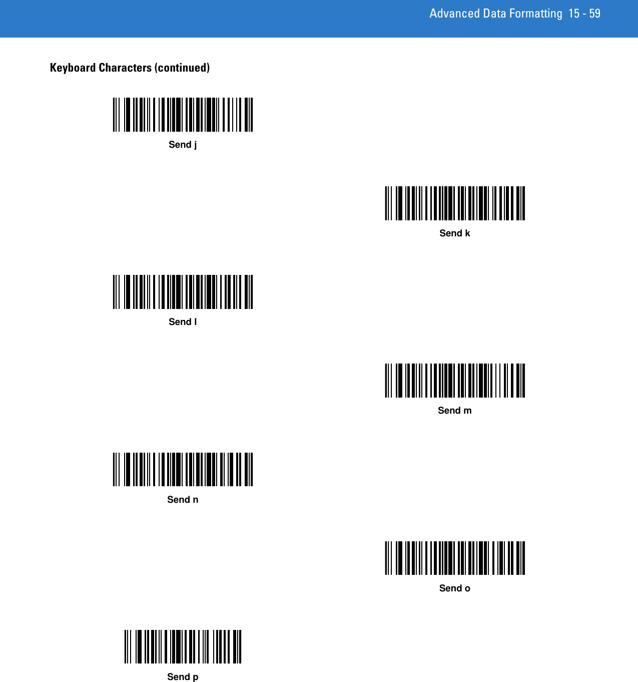 Advanced Data Formatting 15 - 59Keyboard Characters (continued)Send jSend kSend lSend mSend nSend oSend p