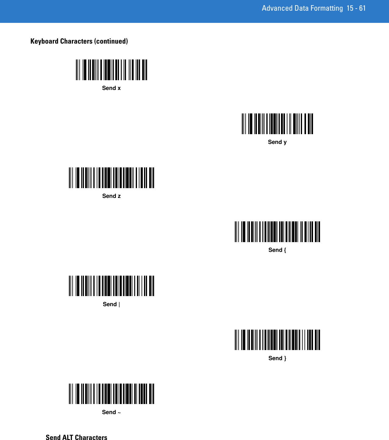 Advanced Data Formatting 15 - 61Send ALT CharactersKeyboard Characters (continued)Send xSend ySend zSend {Send |Send }Send ~