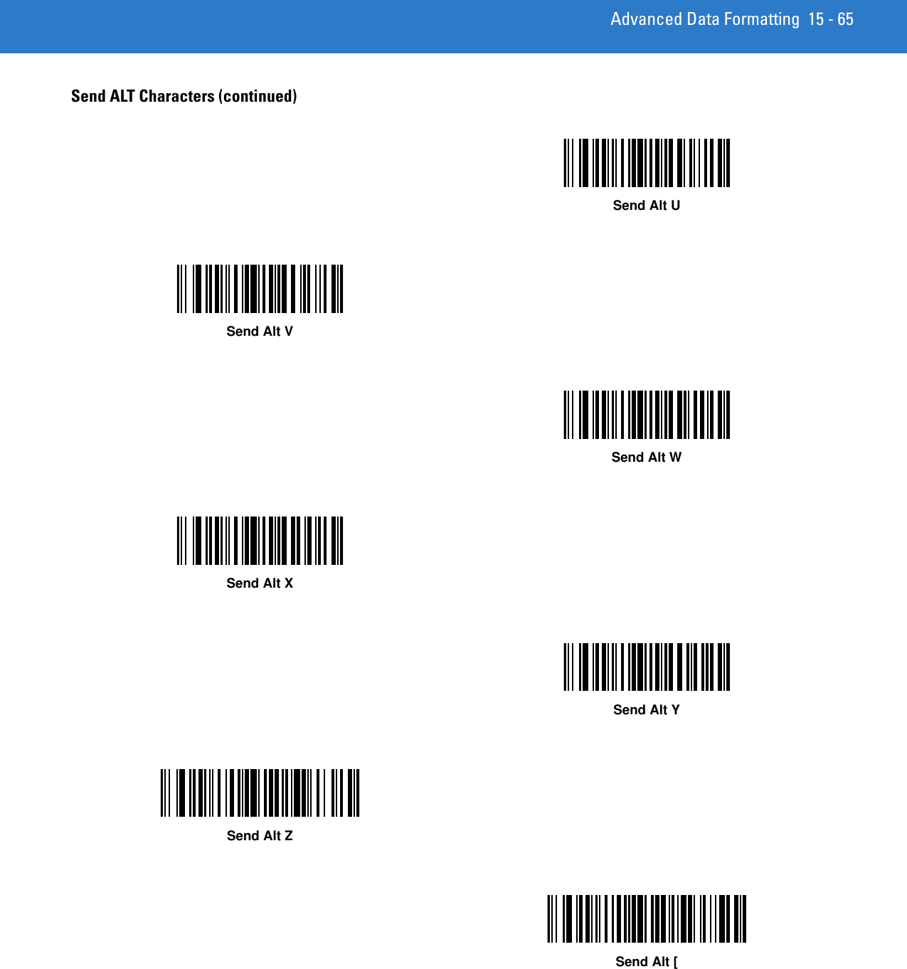 Advanced Data Formatting 15 - 65Send ALT Characters (continued)Send Alt USend Alt VSend Alt WSend Alt XSend Alt YSend Alt ZSend Alt [