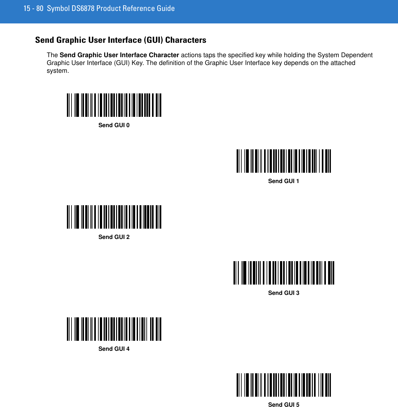 15 - 80 Symbol DS6878 Product Reference GuideSend Graphic User Interface (GUI) Characters The Send Graphic User Interface Character actions taps the specified key while holding the System Dependent Graphic User Interface (GUI) Key. The definition of the Graphic User Interface key depends on the attached system.Send GUI 0Send GUI 1Send GUI 2Send GUI 3Send GUI 4Send GUI 5