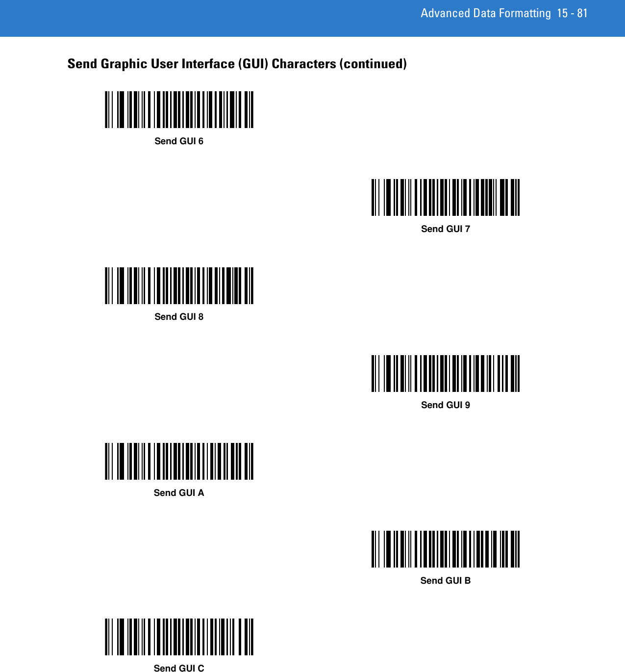 Advanced Data Formatting 15 - 81Send Graphic User Interface (GUI) Characters (continued)Send GUI 6Send GUI 7Send GUI 8Send GUI 9Send GUI ASend GUI BSend GUI C