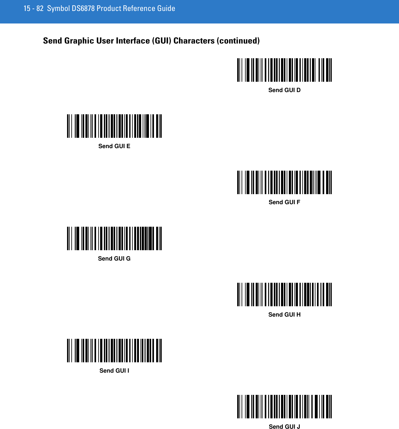 15 - 82 Symbol DS6878 Product Reference GuideSend Graphic User Interface (GUI) Characters (continued)Send GUI DSend GUI ESend GUI FSend GUI GSend GUI HSend GUI ISend GUI J