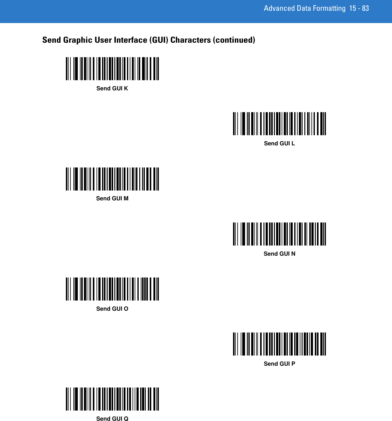 Advanced Data Formatting 15 - 83Send Graphic User Interface (GUI) Characters (continued)Send GUI KSend GUI LSend GUI MSend GUI NSend GUI OSend GUI PSend GUI Q