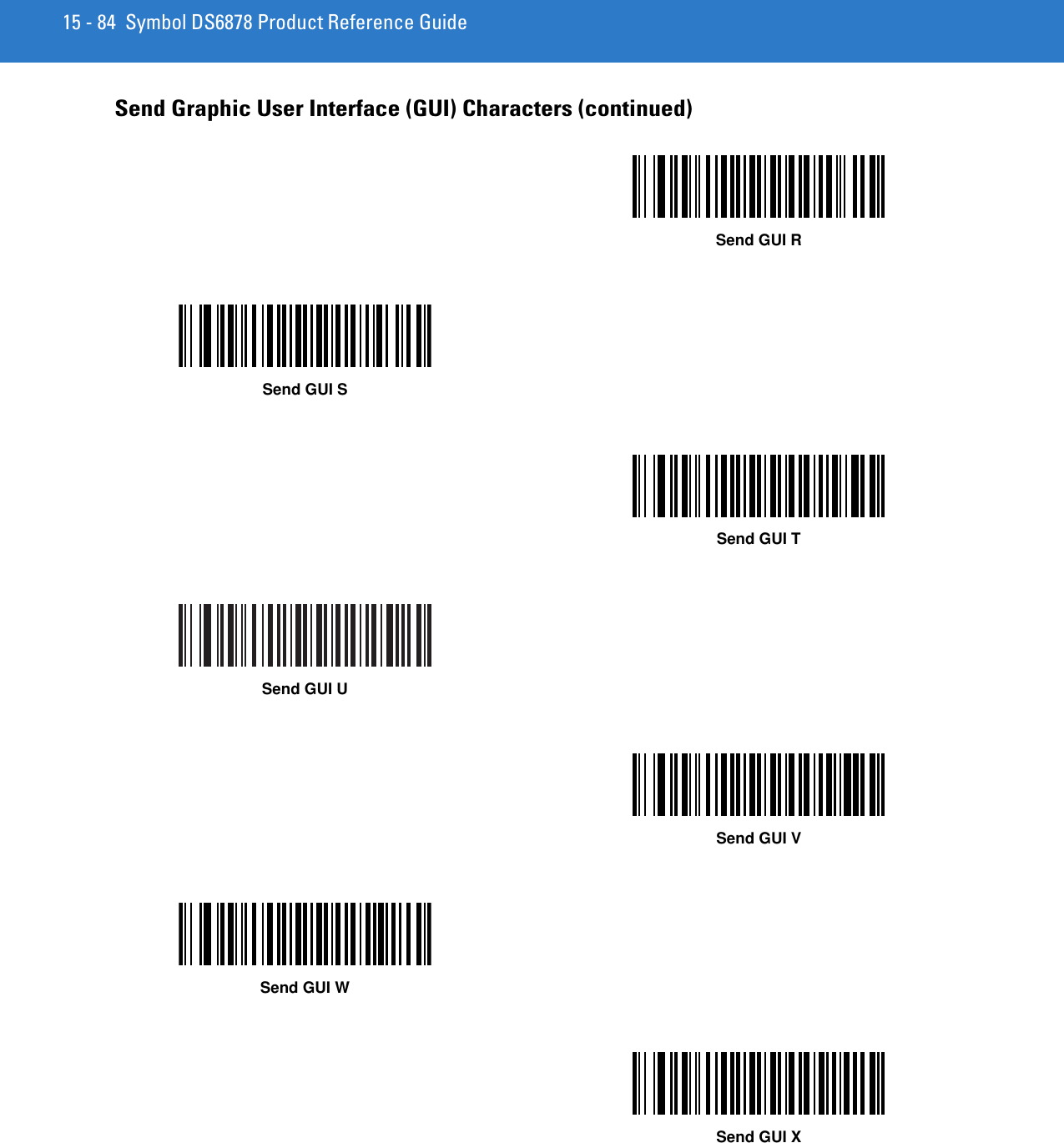 15 - 84 Symbol DS6878 Product Reference GuideSend Graphic User Interface (GUI) Characters (continued)Send GUI RSend GUI SSend GUI TSend GUI USend GUI VSend GUI WSend GUI X