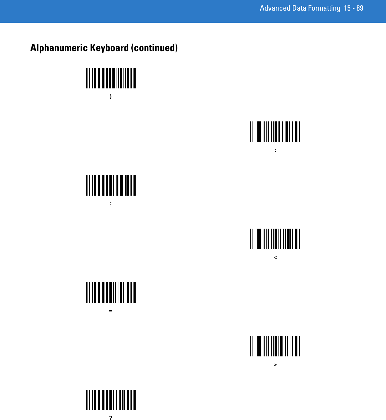 Advanced Data Formatting 15 - 89Alphanumeric Keyboard (continued)):;&lt;=&gt;?