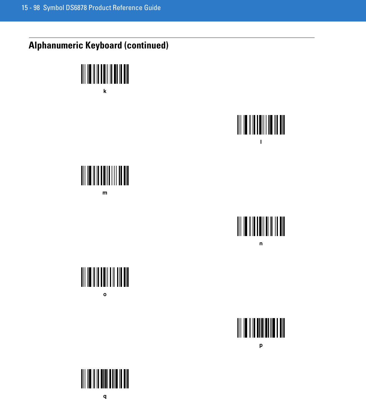 15 - 98 Symbol DS6878 Product Reference GuideAlphanumeric Keyboard (continued)klmnopq