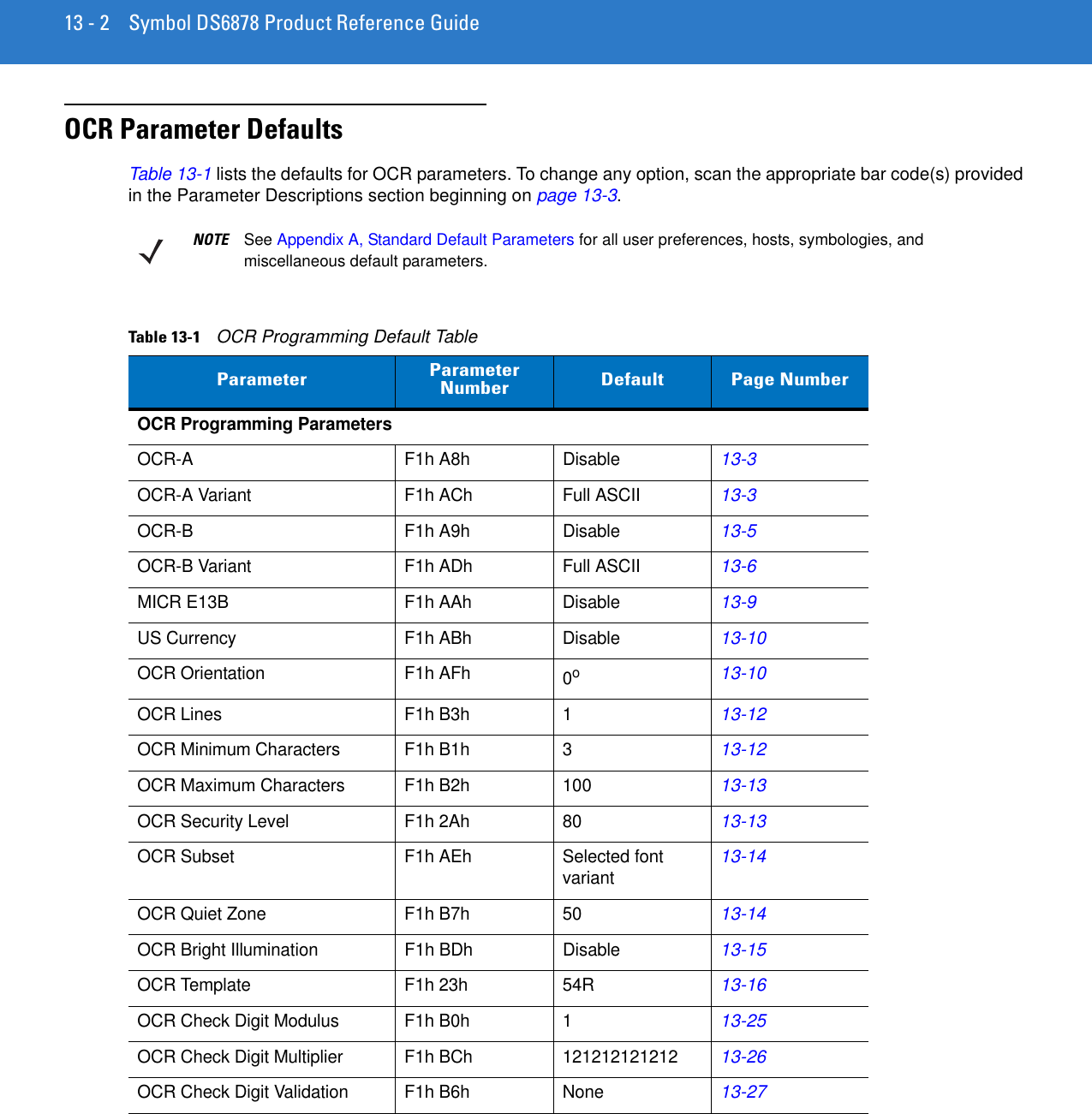 13 - 2 Symbol DS6878 Product Reference GuideOCR Parameter DefaultsTable 13-1 lists the defaults for OCR parameters. To change any option, scan the appropriate bar code(s) provided in the Parameter Descriptions section beginning on page 13-3.NOTE See Appendix A, Standard Default Parameters for all user preferences, hosts, symbologies, and miscellaneous default parameters.Table 13-1    OCR Programming Default TableParameter  Parameter Number Default Page NumberOCR Programming ParametersOCR-A F1h A8h Disable13-3OCR-A Variant  F1h ACh Full ASCII13-3OCR-B F1h A9h Disable13-5OCR-B Variant  F1h ADh Full ASCII13-6MICR E13B  F1h AAh Disable13-9US Currency  F1h ABh Disable13-10OCR Orientation  F1h AFh 0o13-10OCR Lines  F1h B3h 113-12OCR Minimum Characters  F1h B1h 313-12OCR Maximum Characters  F1h B2h 10013-13OCR Security Level  F1h 2Ah 8013-13OCR Subset  F1h AEh Selected font variant13-14OCR Quiet Zone  F1h B7h 5013-14OCR Bright Illumination  F1h BDh Disable13-15OCR Template  F1h 23h 54R13-16OCR Check Digit Modulus F1h B0h 113-25OCR Check Digit Multiplier  F1h BCh 12121212121213-26OCR Check Digit Validation  F1h B6h None13-27