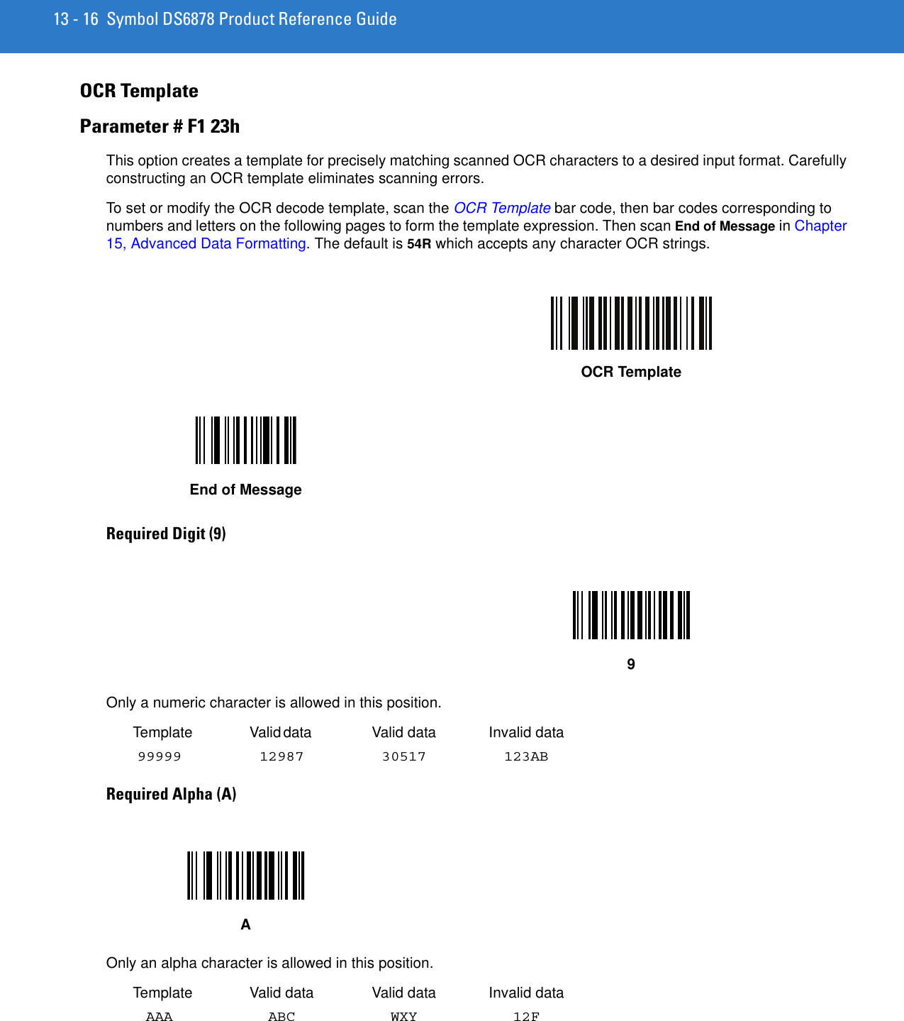 13 - 16 Symbol DS6878 Product Reference GuideOCR TemplateParameter # F1 23hThis option creates a template for precisely matching scanned OCR characters to a desired input format. Carefully constructing an OCR template eliminates scanning errors. To set or modify the OCR decode template, scan the OCR Template bar code, then bar codes corresponding to numbers and letters on the following pages to form the template expression. Then scan End of Message in Chapter 15, Advanced Data Formatting. The default is 54R which accepts any character OCR strings.Required Digit (9) Only a numeric character is allowed in this position. Template  Valid data  Valid data Invalid data99999 12987 30517 123ABRequired Alpha (A) Only an alpha character is allowed in this position. Template Valid data Valid data Invalid dataAAA ABC WXY 12FOCR TemplateEnd of Message9A