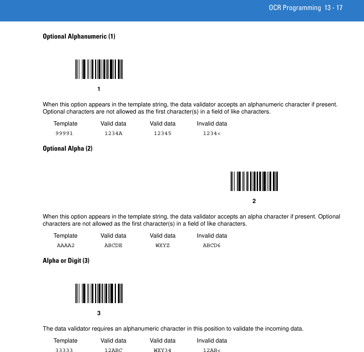 OCR Programming 13 - 17Optional Alphanumeric (1) When this option appears in the template string, the data validator accepts an alphanumeric character if present. Optional characters are not allowed as the first character(s) in a field of like characters. Template Valid data Valid data Invalid data99991 1234A 12345 1234&lt;Optional Alpha (2) When this option appears in the template string, the data validator accepts an alpha character if present. Optional characters are not allowed as the first character(s) in a field of like characters. Template Valid data Valid data Invalid data AAAA2 ABCDE WXYZ ABCD6Alpha or Digit (3) The data validator requires an alphanumeric character in this position to validate the incoming data. Template Valid data Valid data Invalid data33333 12ABC WXY34 12AB&lt;123