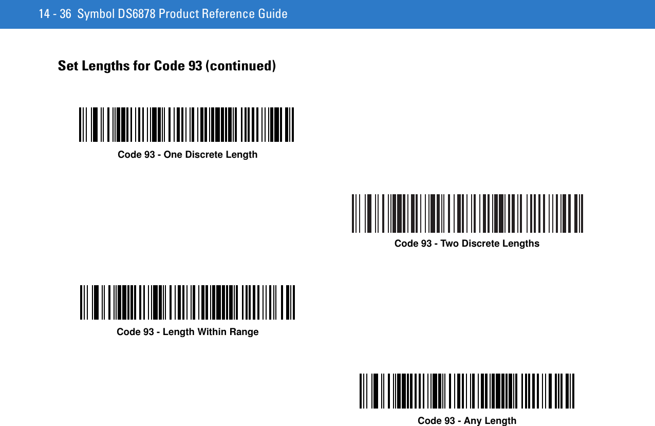 14 - 36 Symbol DS6878 Product Reference GuideSet Lengths for Code 93 (continued)Code 93 - One Discrete LengthCode 93 - Two Discrete LengthsCode 93 - Length Within RangeCode 93 - Any Length