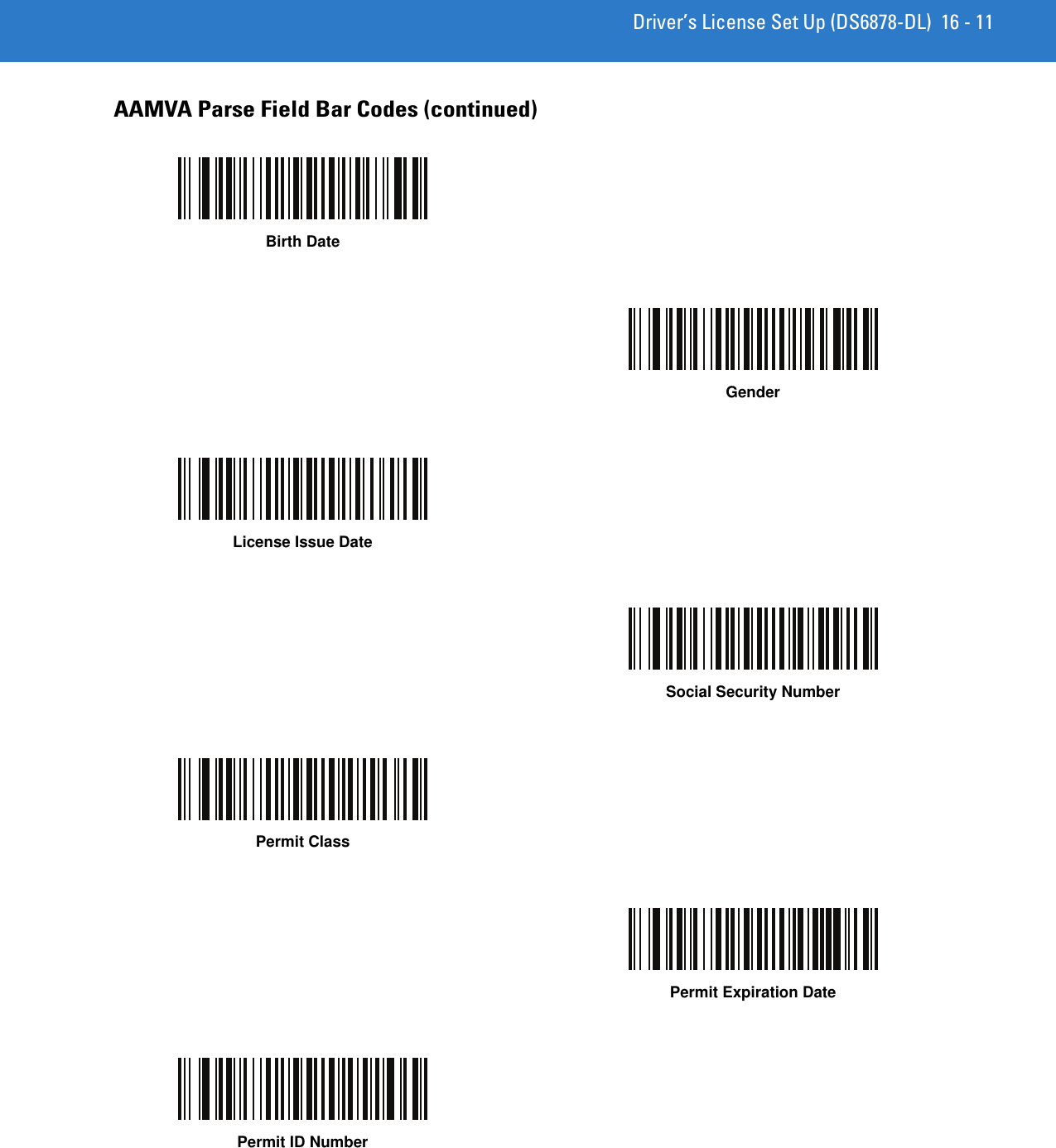 Driver’s License Set Up (DS6878-DL) 16 - 11AAMVA Parse Field Bar Codes (continued)Birth DateGenderLicense Issue DateSocial Security NumberPermit ClassPermit Expiration DatePermit ID Number